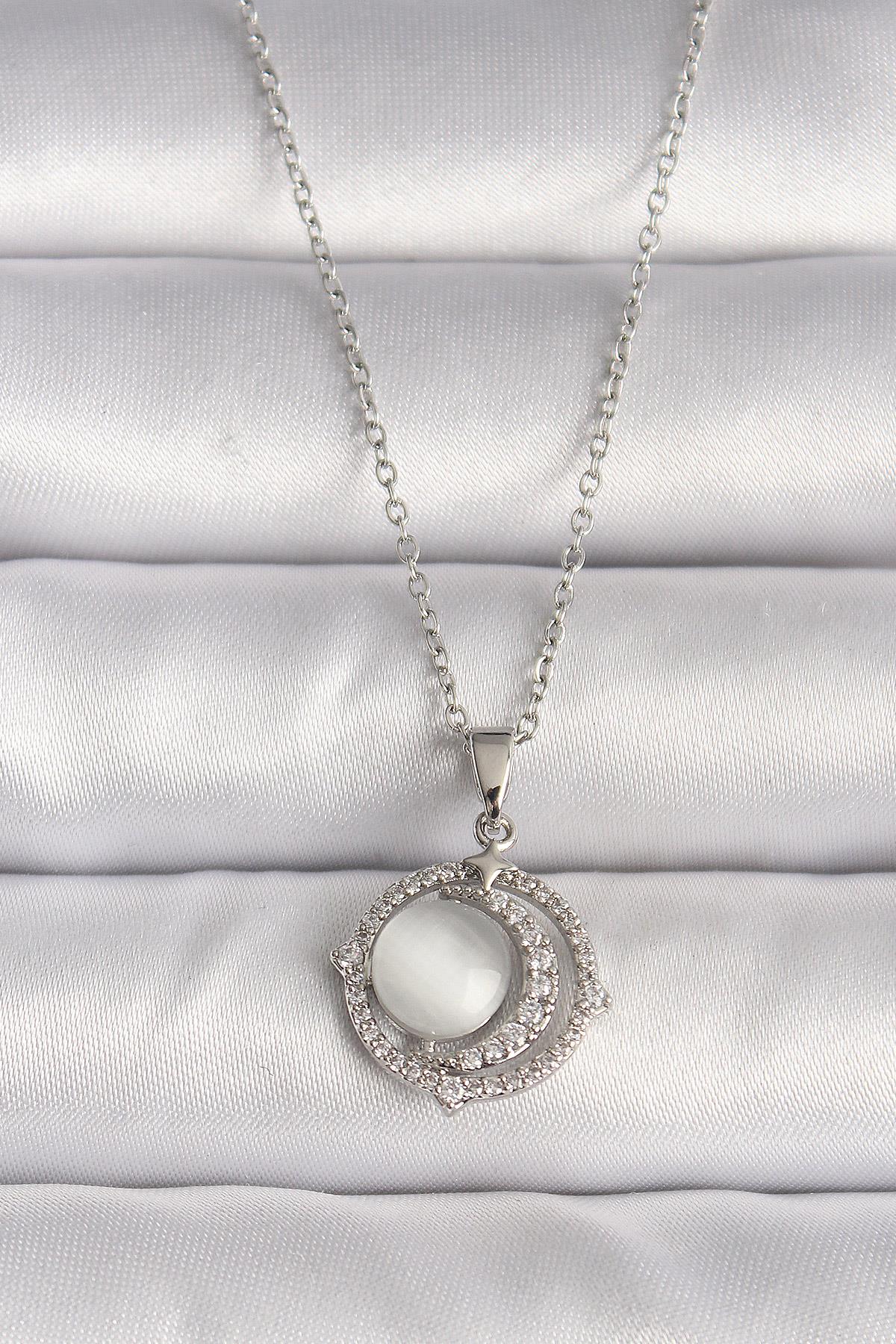 316L Çelik Gümüş Renk Zirkon Taşlı Beyaz Sedefli Hilal Model Kadın Kolye