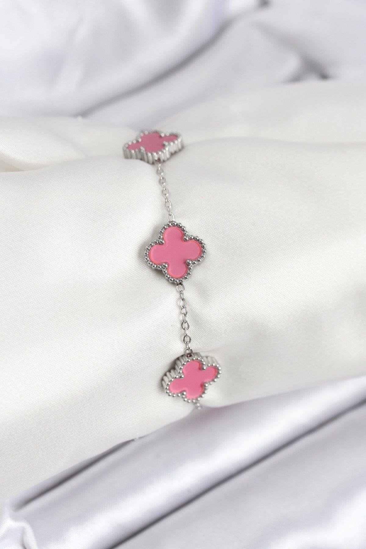 316L Çelik Gümüş Zincir Pembe Renk Yonca Bileklik