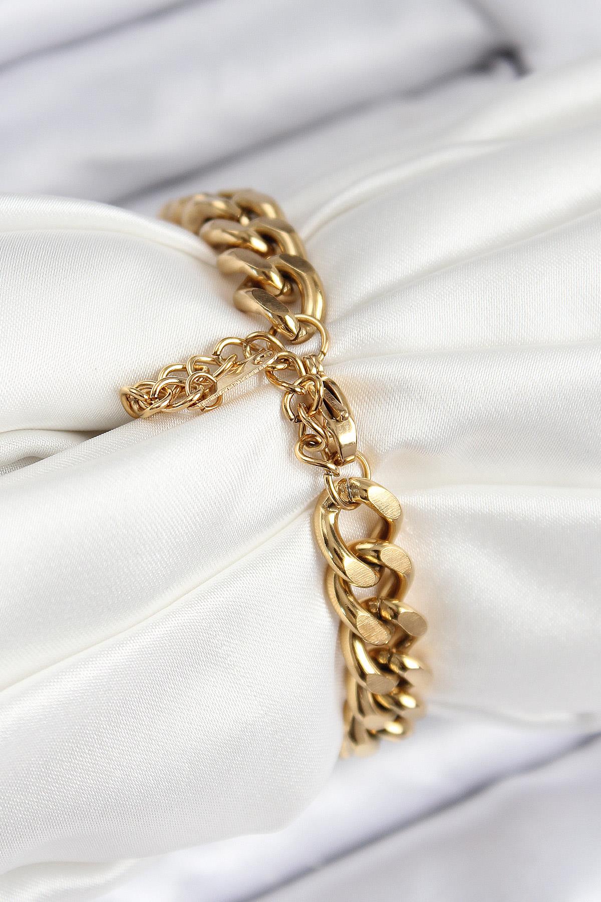 316L Çelik Klasik Kalın Zincir Model Gold Renk Kadın Bileklik