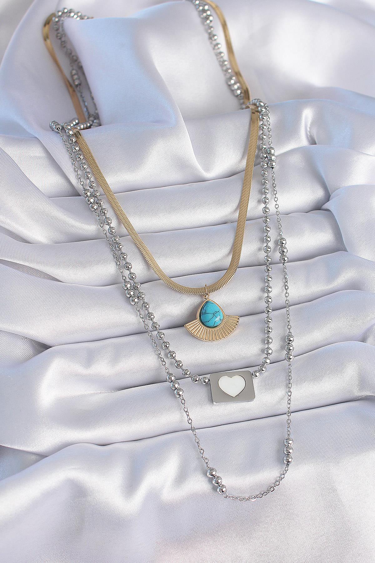 316L Çelik Mix Renk 3lü Zincir Damla Madalyon Figür Uzun Kadın Kolye