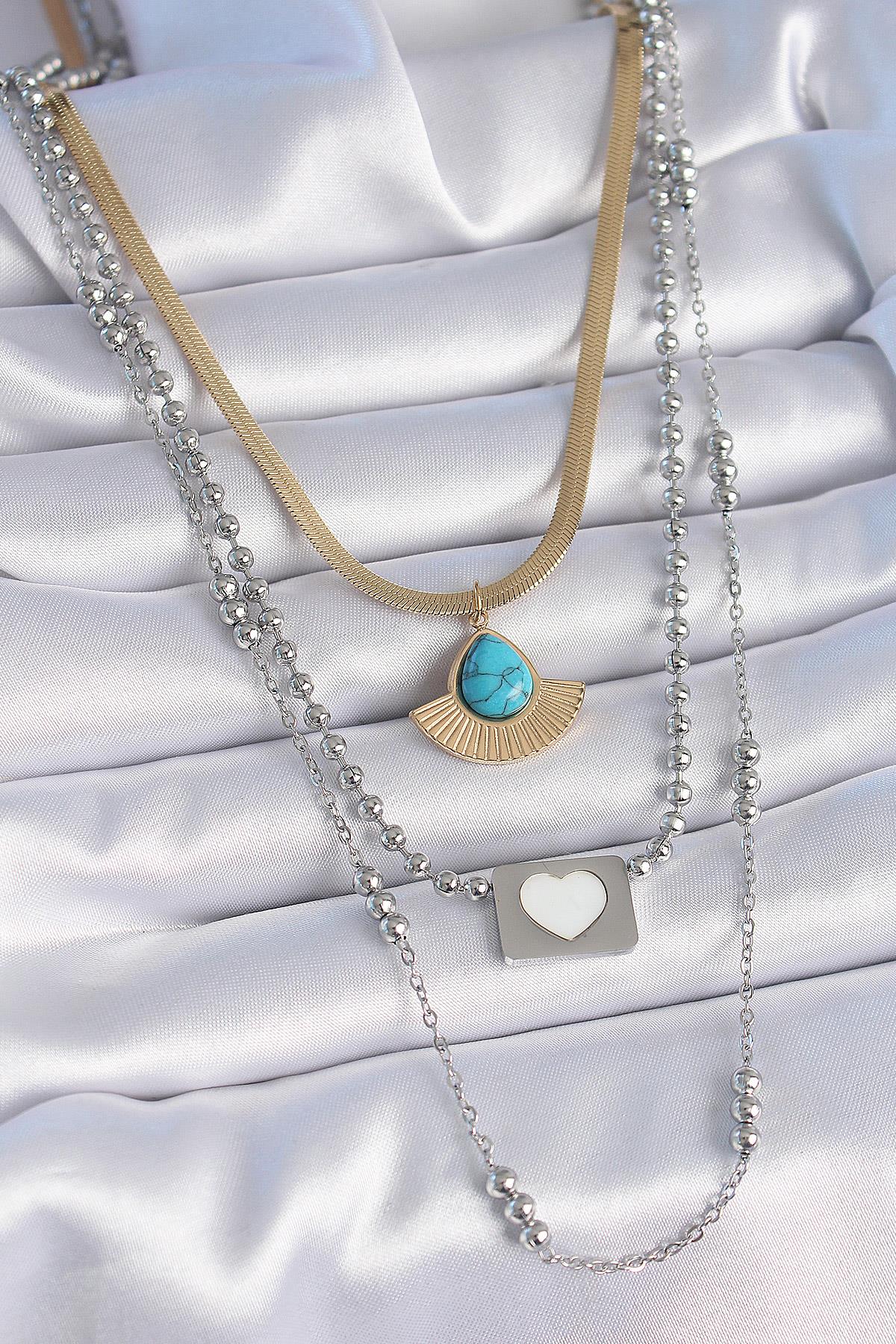 316L Çelik Mix Renk 3lü Zincir Damla Madalyon Figür Uzun Kadın Kolye