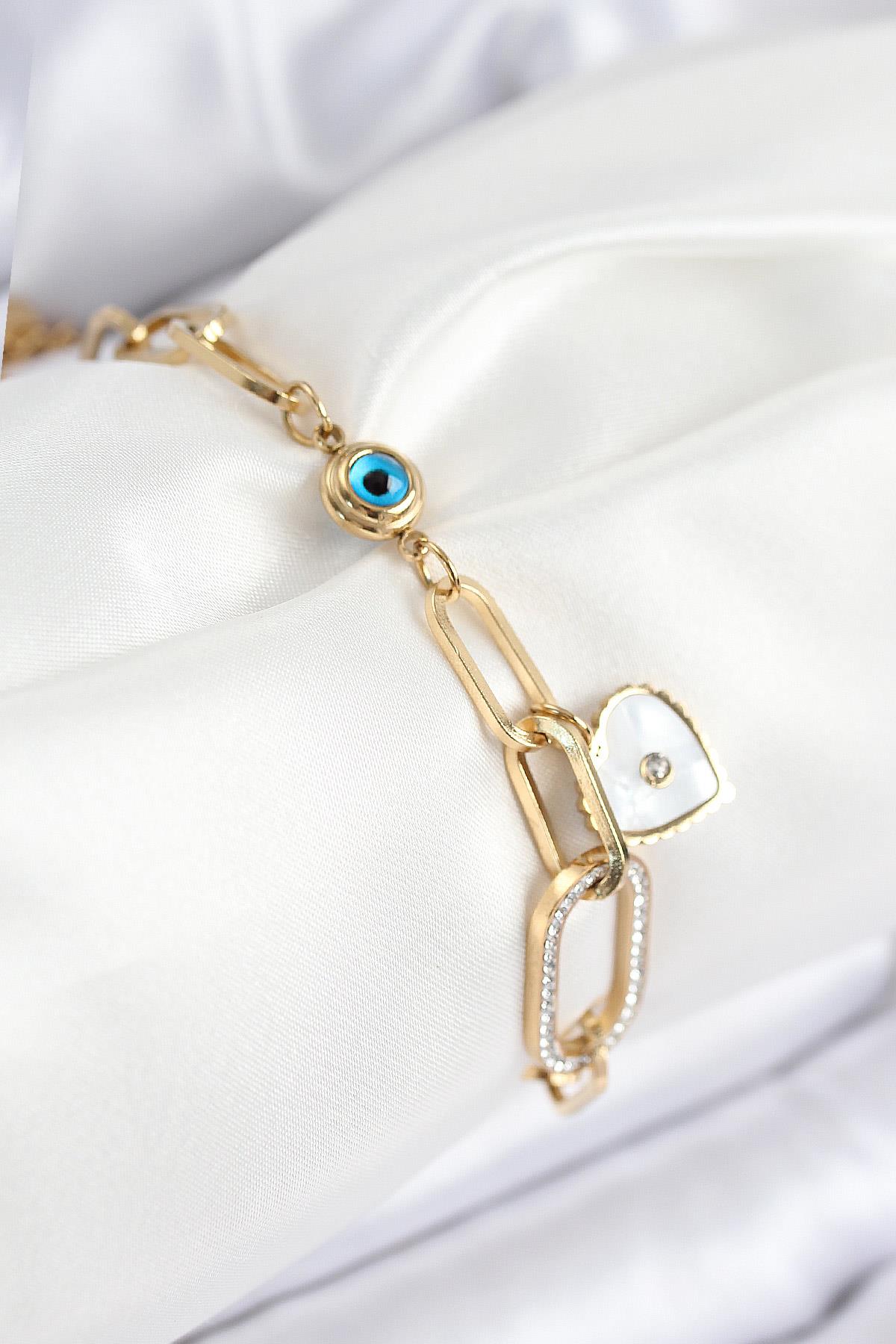 316L Çelik Nazar Boncuğu Ve Zirkon Taşlı Kalp Model Gold Renk Kadın Bileklik