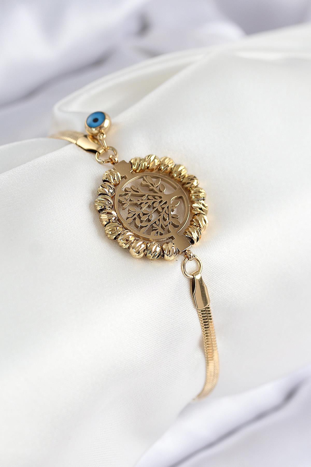 316L Çelik Nazar Boncuk Detaylı Hayat Ağacı Model İtalyan Zincir Gold Renk Kadın Bileklik