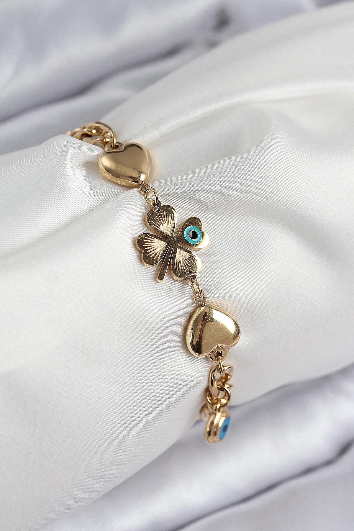 316L Çelik Nazar Boncuk Detaylı Yonca Model Gold Renk Kadın Bileklik