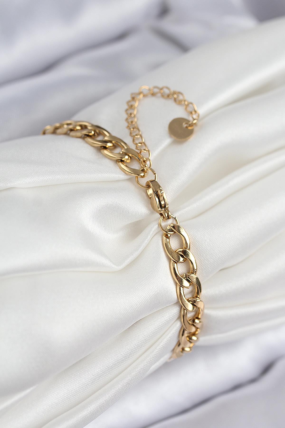 316L Çelik Nazar Boncuk Detaylı Yonca Model Gold Renk Kadın Bileklik