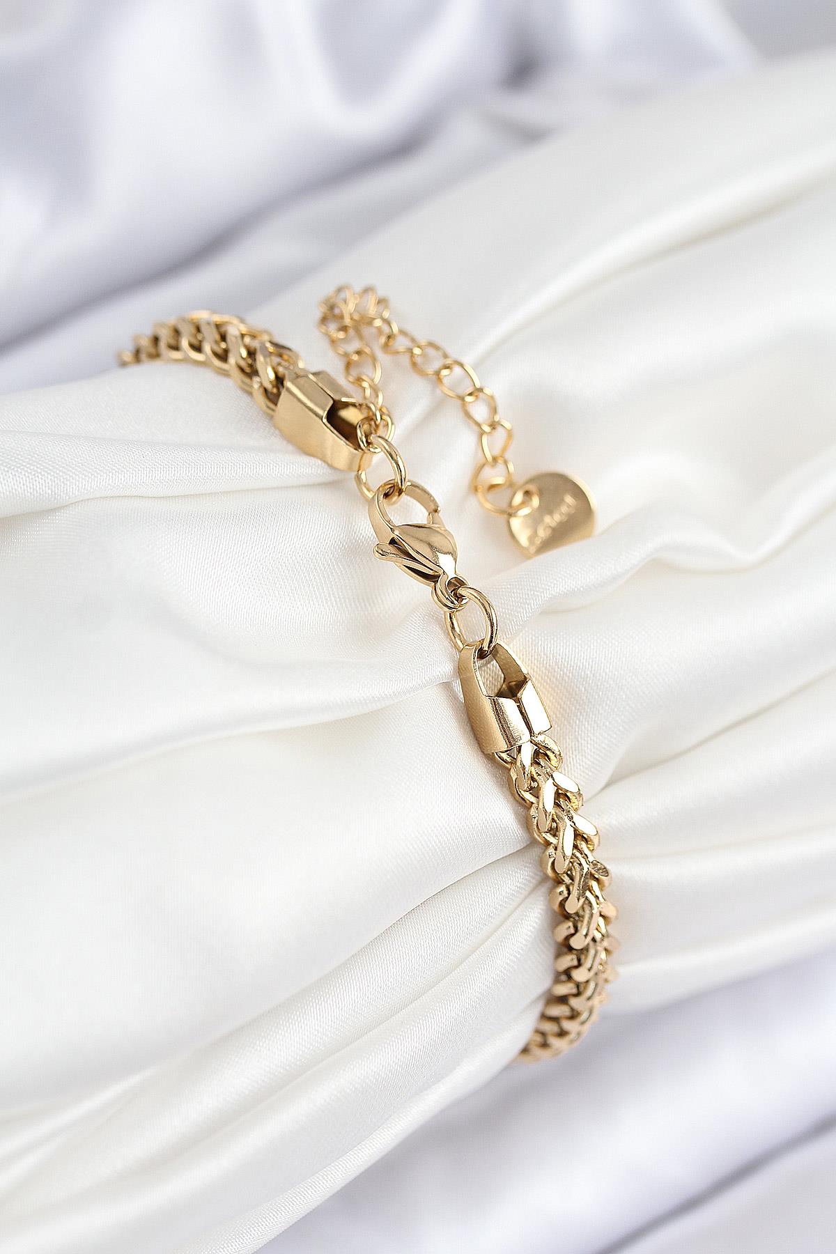 316L Çelik Örgü Zincir Model Gold Renk Kadın Bileklik