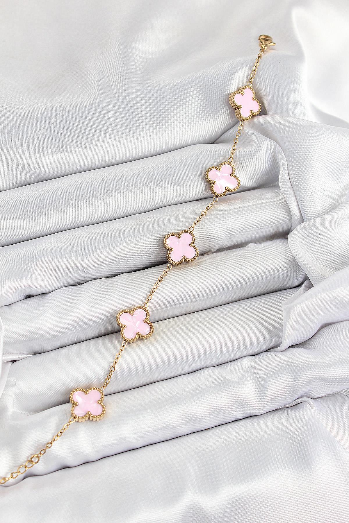 316L Çelik Pembe Sedef Yonca Model Gold Renk Kadın Bileklik