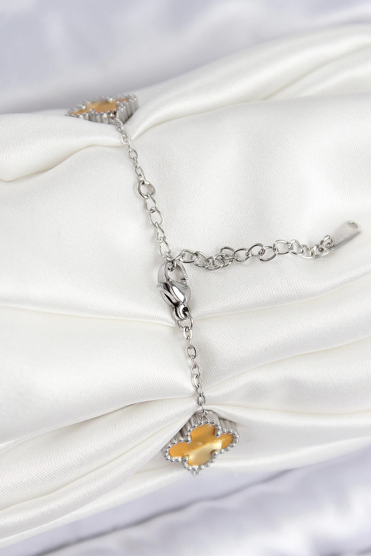 316L Çelik Sedefli Kehribar Sarı Gümüş Renk Yonca Kadın Bileklik