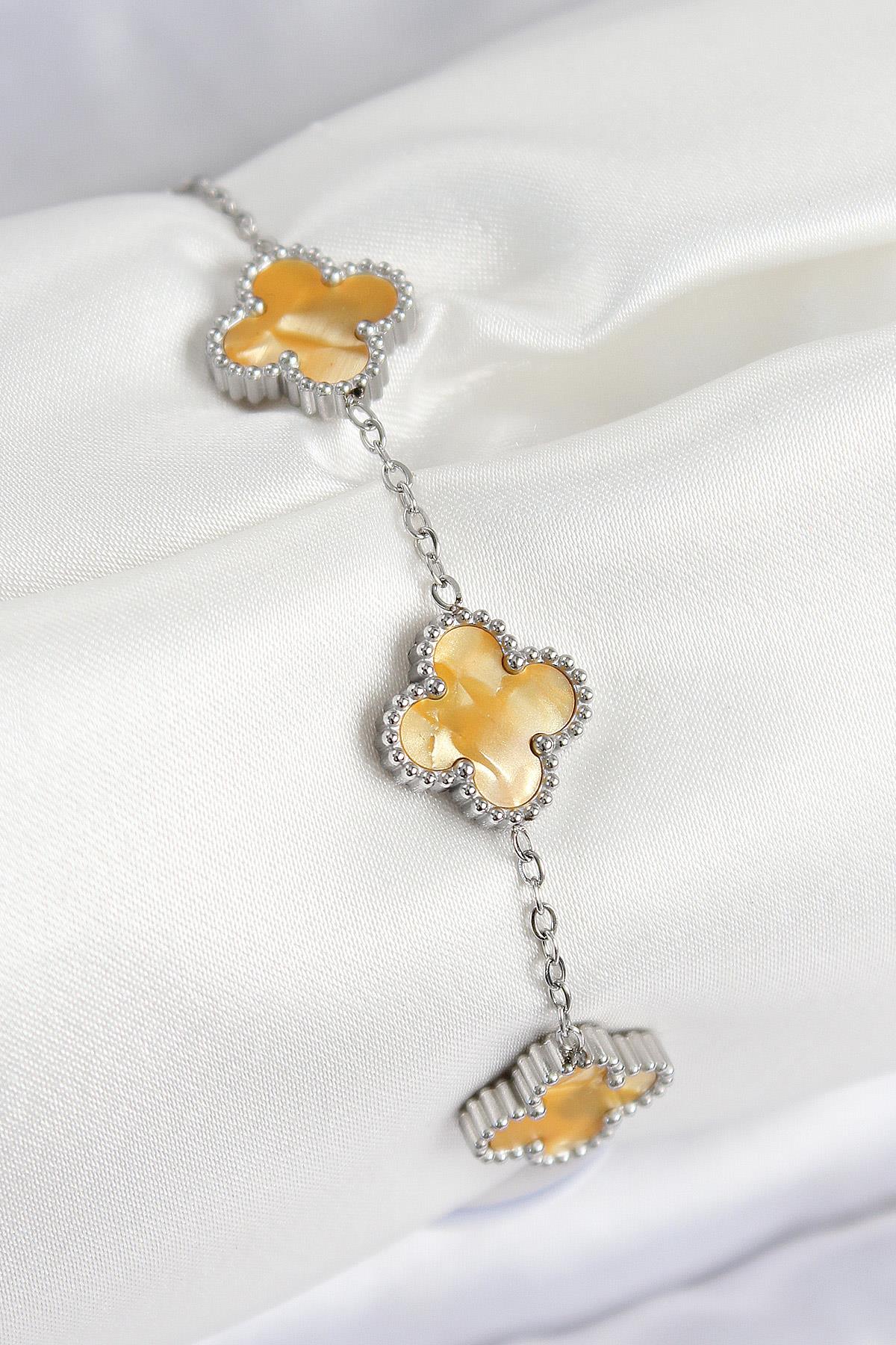 316L Çelik Sedefli Kehribar Sarı Gümüş Renk Yonca Kadın Bileklik