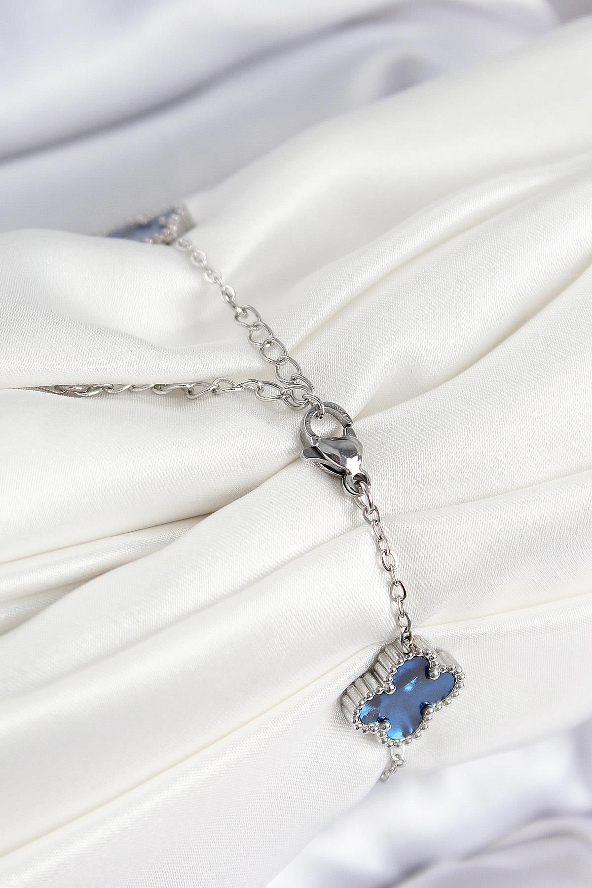 316L Çelik Sedefli Lacivert Gümüş Renk Yonca Kadın Bileklik