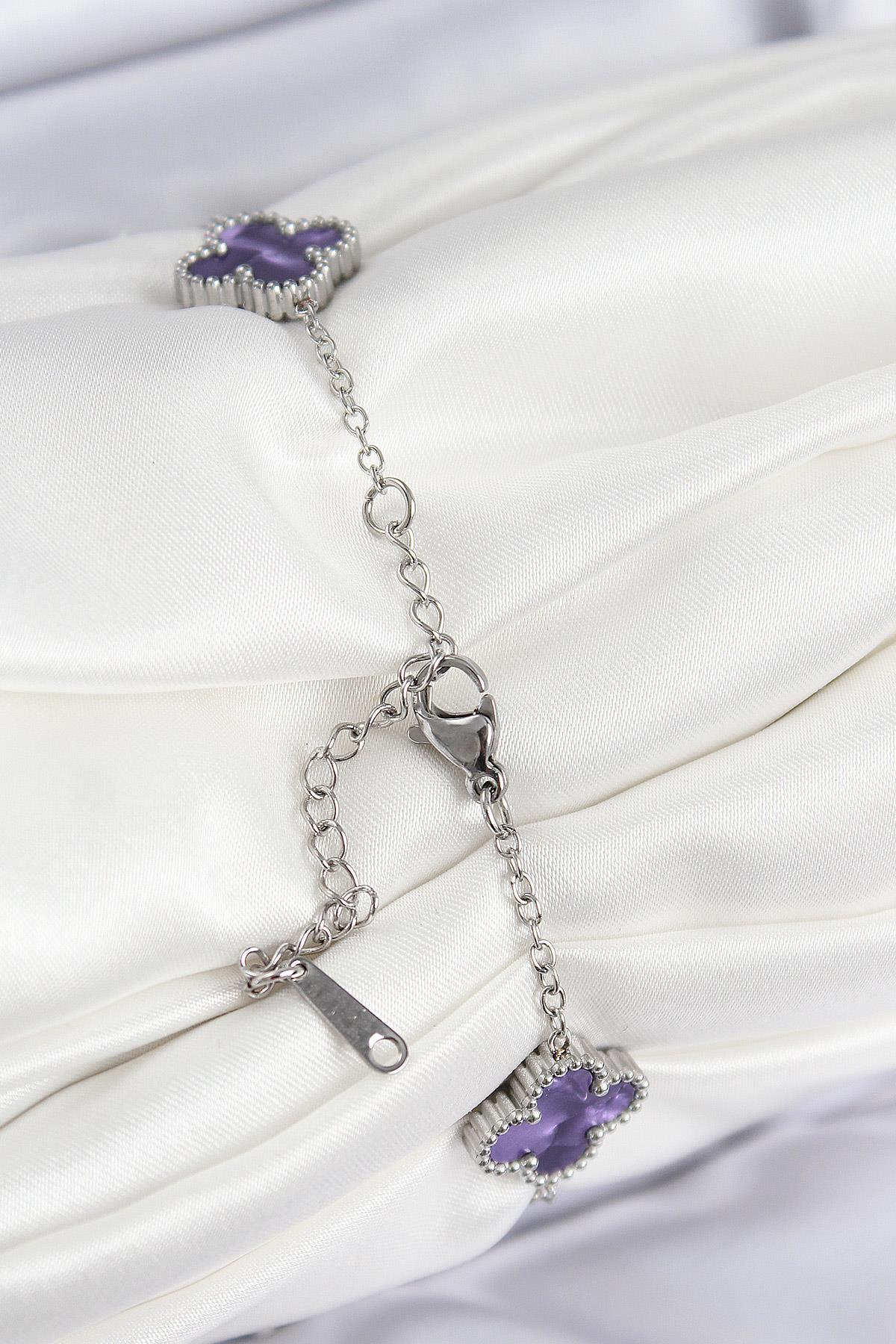 316L Çelik Sedefli Mor Gümüş Renk Yonca Kadın Bileklik