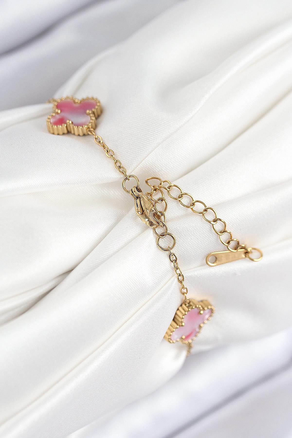 316L Çelik Sedefli Pembe Gold Renk Yonca Kadın Bileklik