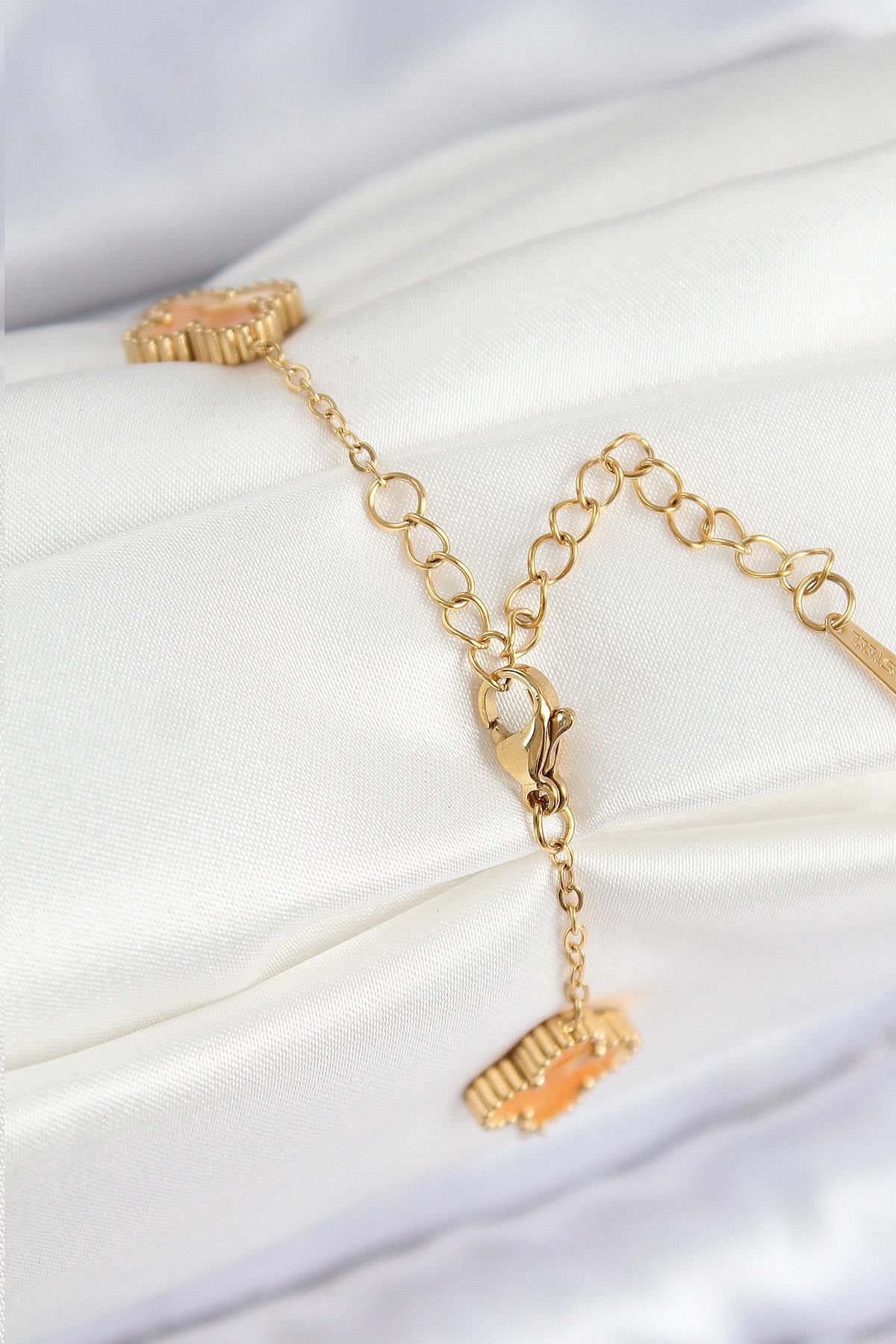 316L Çelik Sedefli Turuncu Gold Renk Yonca Kadın Bileklik