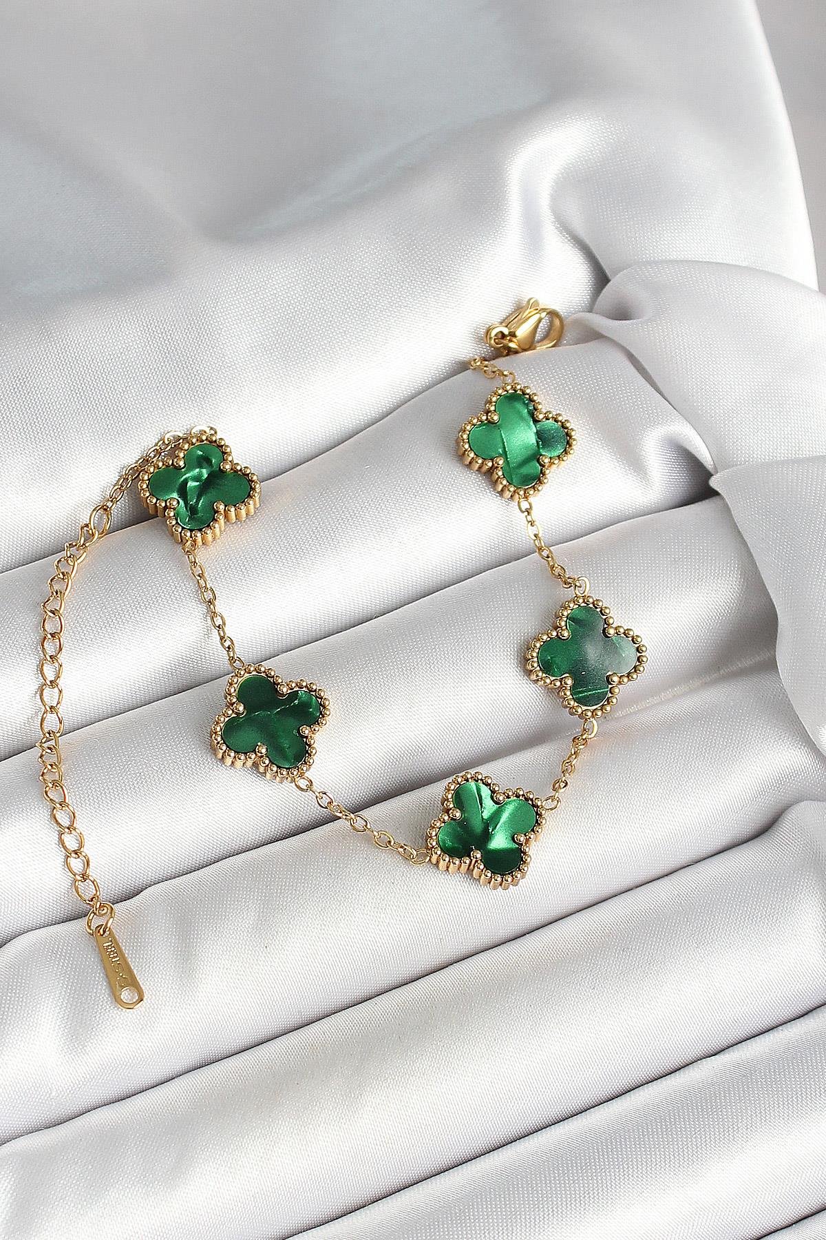 316L Çelik Sedefli Zümrüt Yeşil Gold Renk Yonca Kadın Bileklik