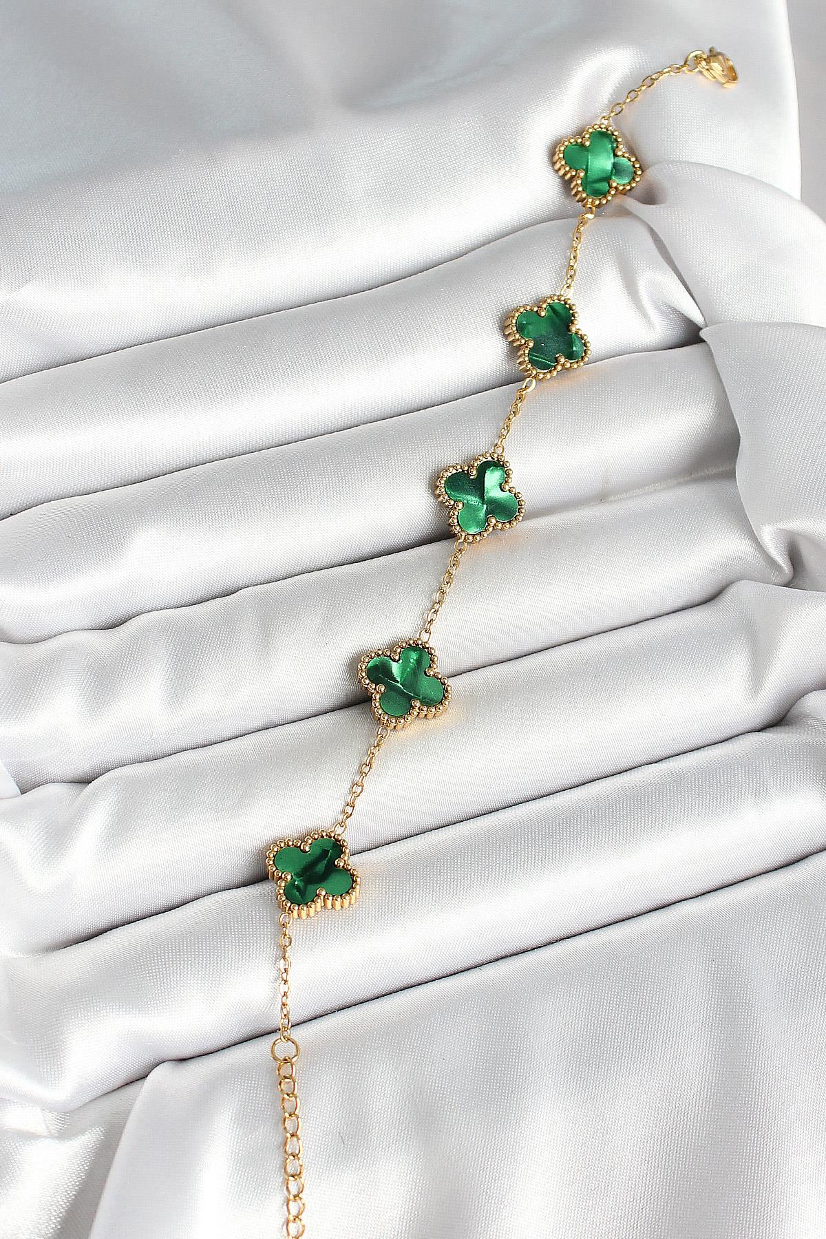 316L Çelik Sedefli Zümrüt Yeşil Gold Renk Yonca Kadın Bileklik