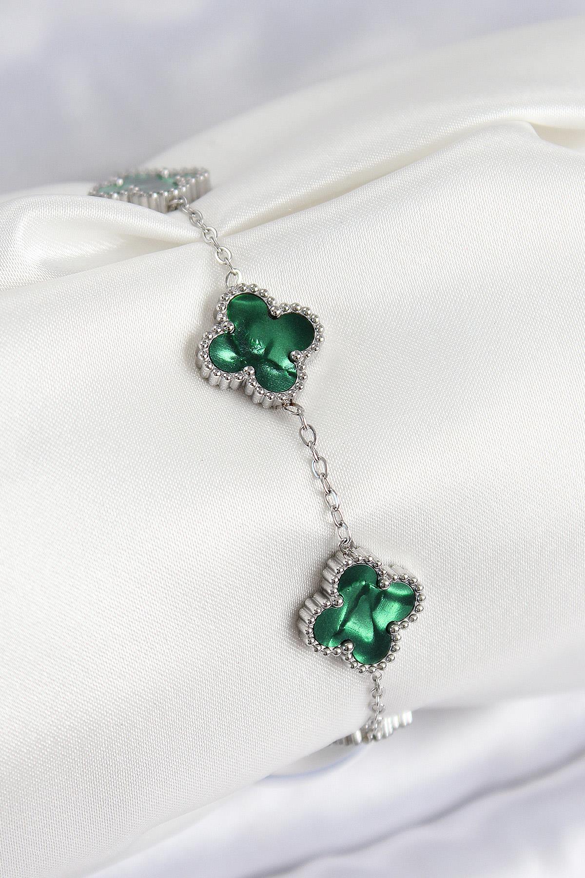 316L Çelik Sedefli Zümrüt Yeşil Gümüş Renk Yonca Kadın Bileklik