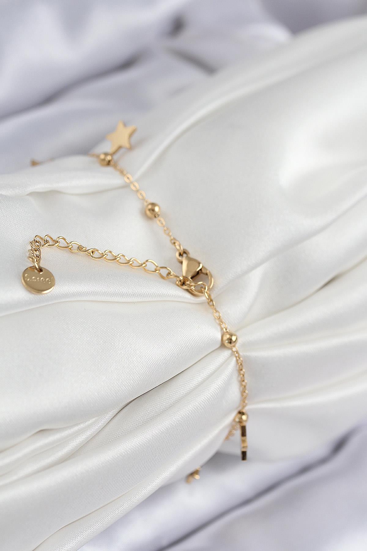 316L Çelik Sıralı Yıldız Model Gold Renk Kadın Bileklik