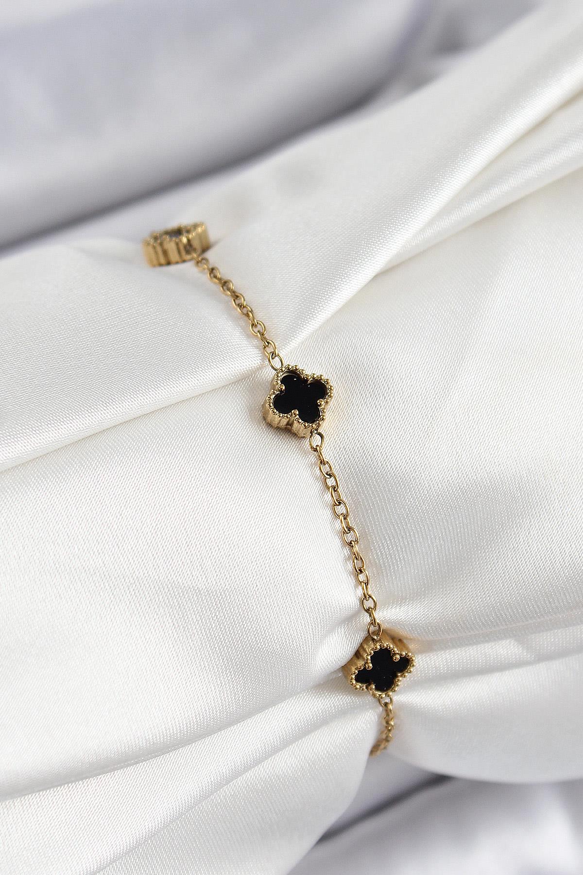 316L Çelik Siyah Sedef Yonca Model Gold Renk Kadın Bileklik