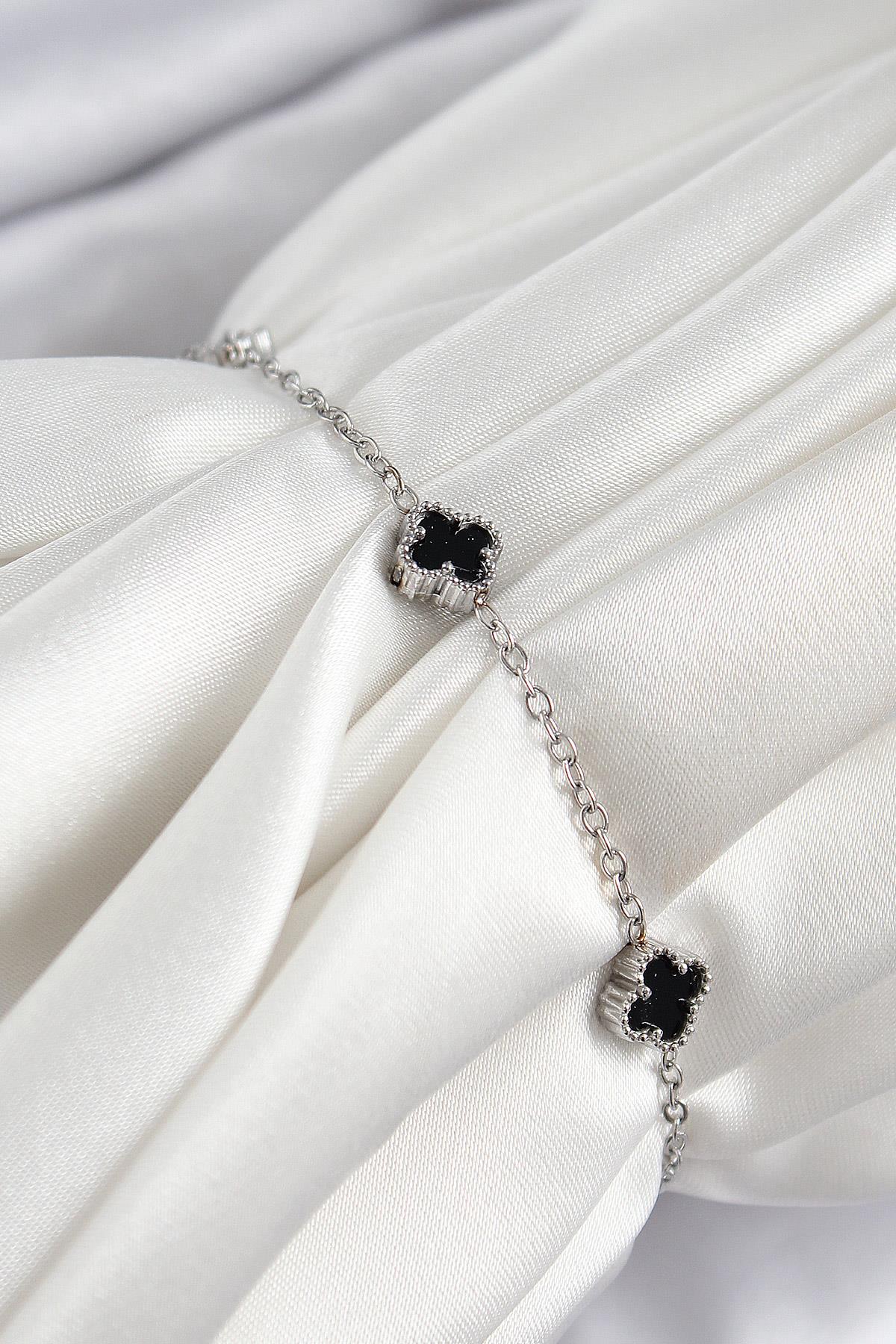 316L Çelik Siyah Sedef Yonca Model Gümüş Renk Kadın Bileklik