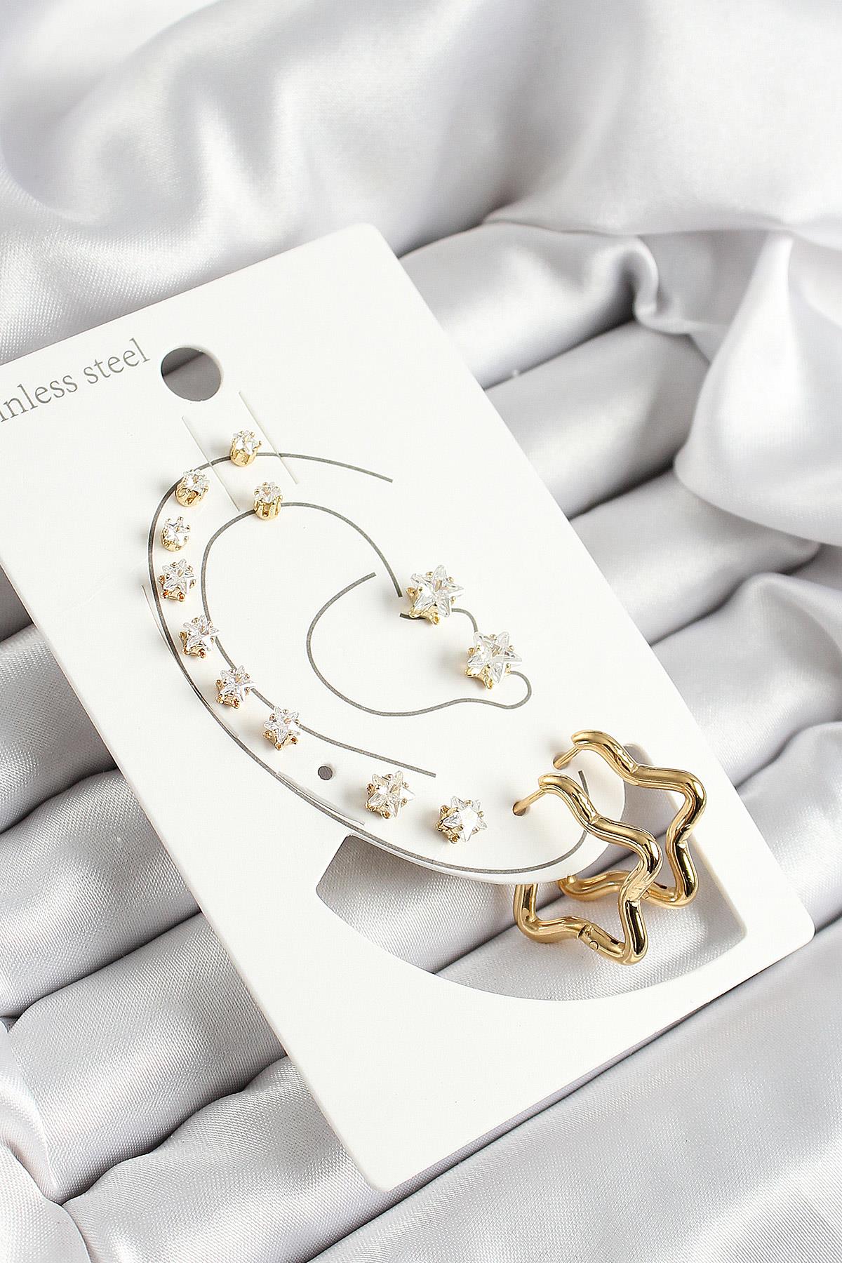 316L Çelik Yıldız Figürlü Ve Zirkon Taşlı Gold Renk 7li Çift Kadın Küpe Set