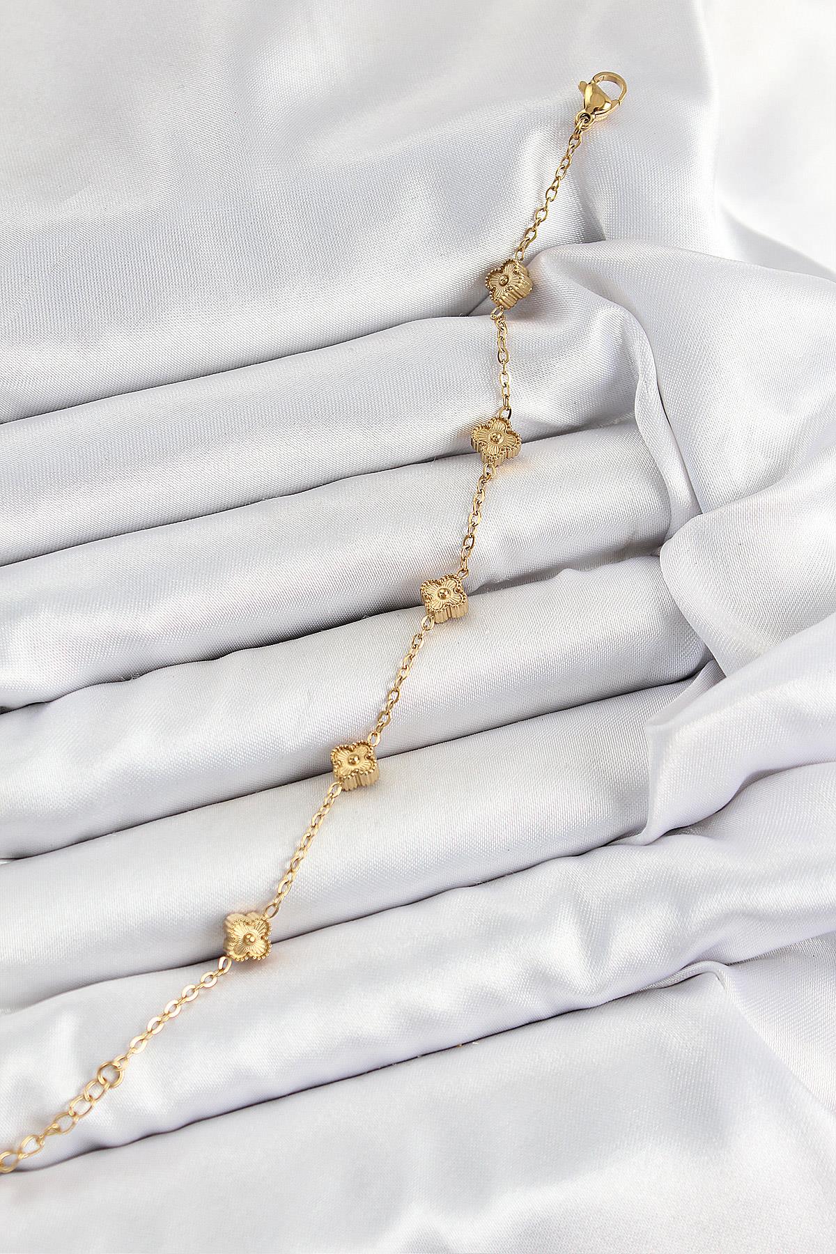 316L Çelik Yonca Model Gold Renk Kadın Bileklik