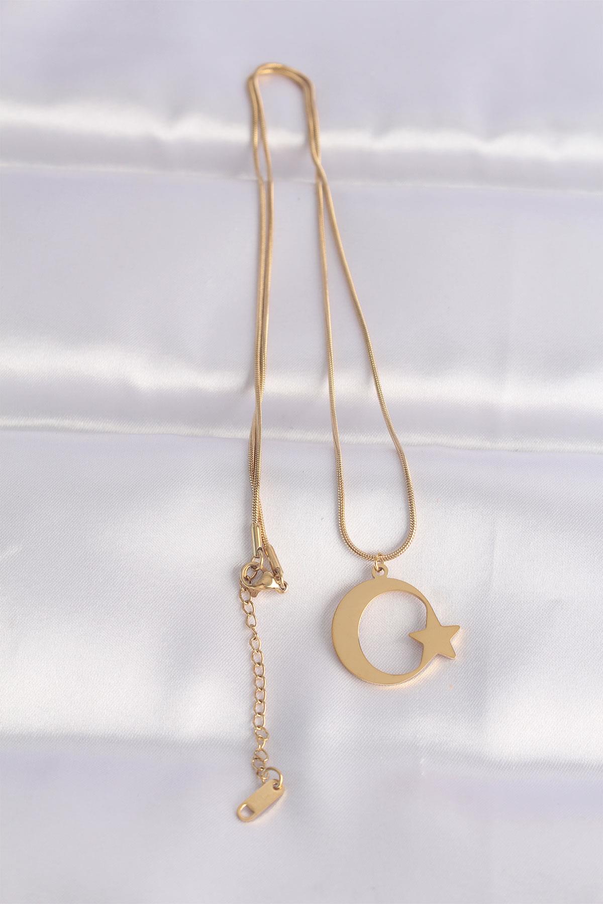 316L Çelik Zincir Gold Renk Ay Yıldız Unisex Kolye