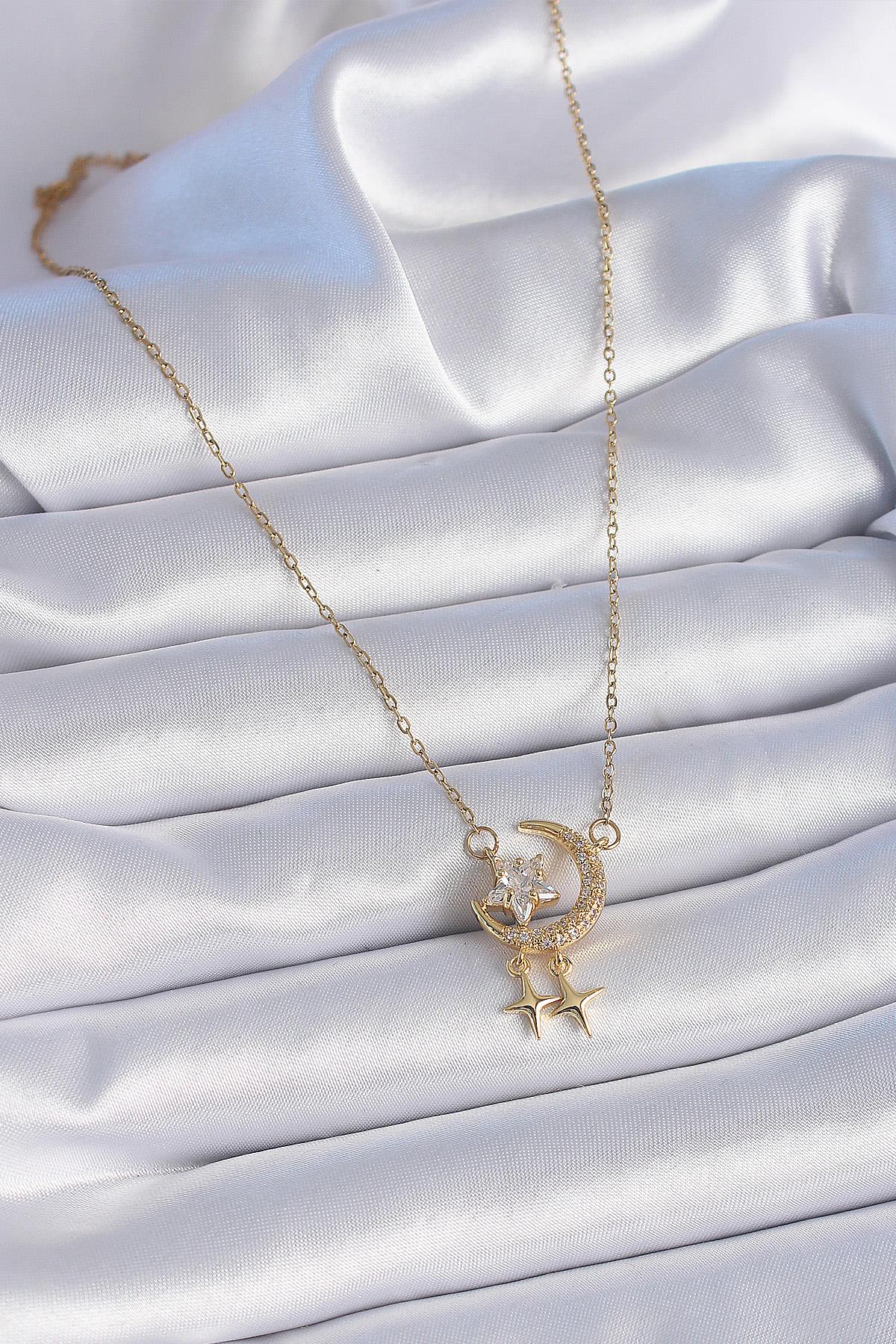 316L Çelik Zincir Gold Renk Zirkon Taşlı Hilal Model Yıldız Detay Kadın Kolye