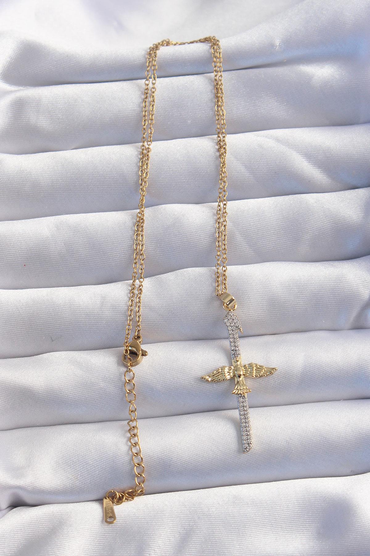 316L Çelik Zincir Gold Renkli Zirkon Taşlı Elif Harf Model Anka Kuşu Kolye