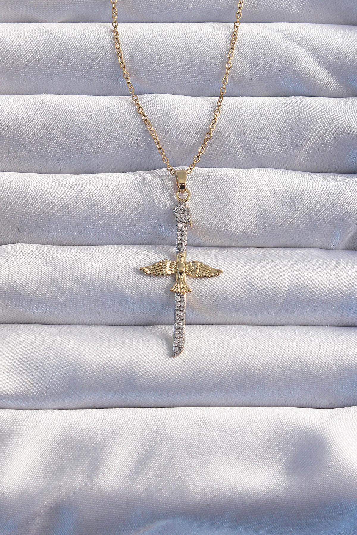 316L Çelik Zincir Gold Renkli Zirkon Taşlı Elif Harf Model Anka Kuşu Kolye