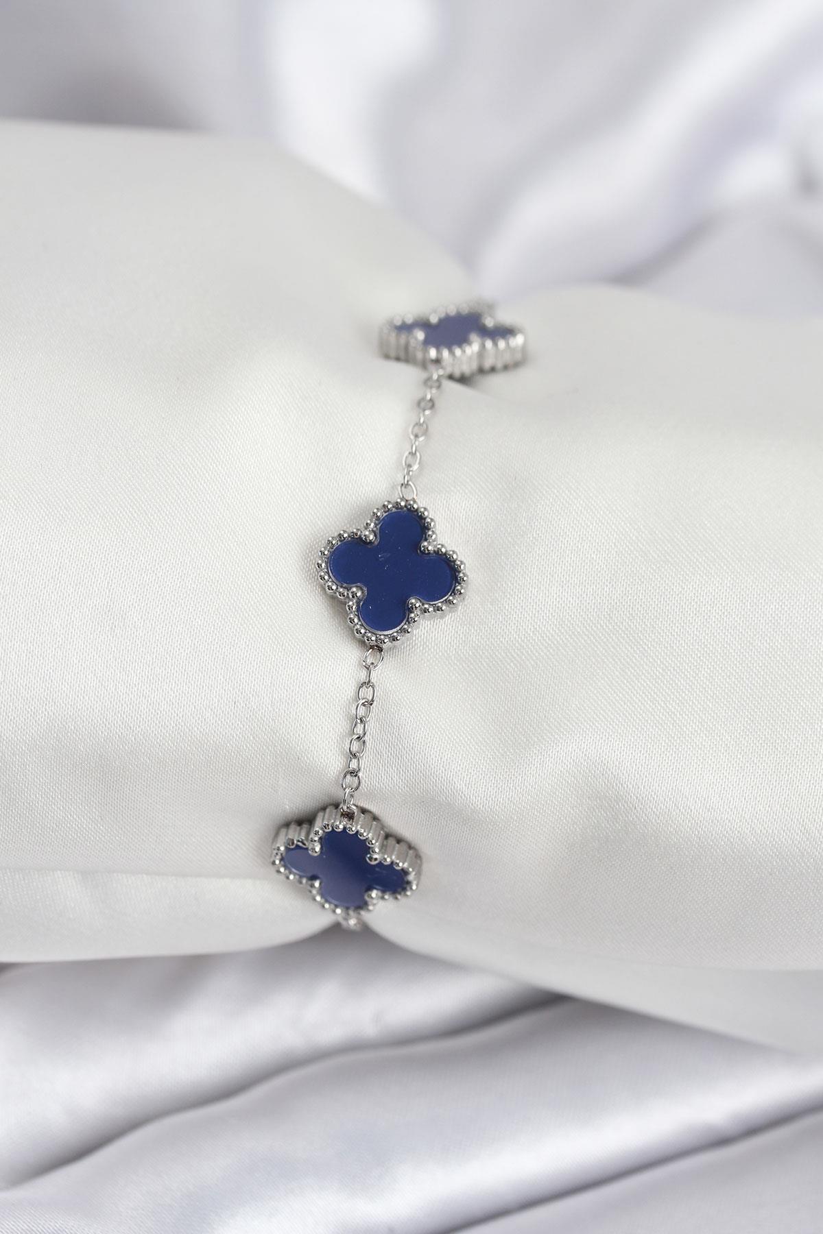 316L Çelik Zincir Gümüş Renk Lacivert Yonca Kadın Bileklik