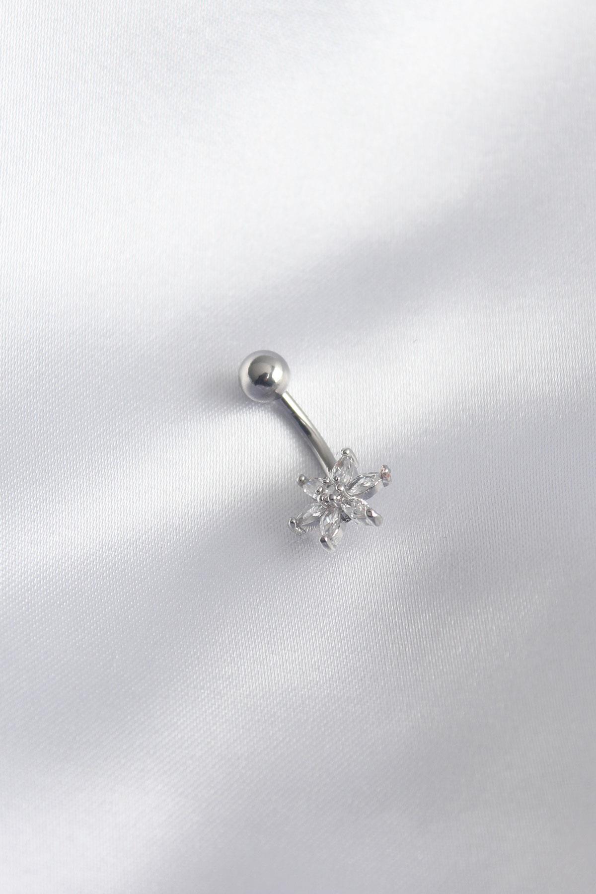 316L Cerrahi Çelik Gümüş Renk Zirkon Taşlı Çiçek Model Kadın Göbek Piercing