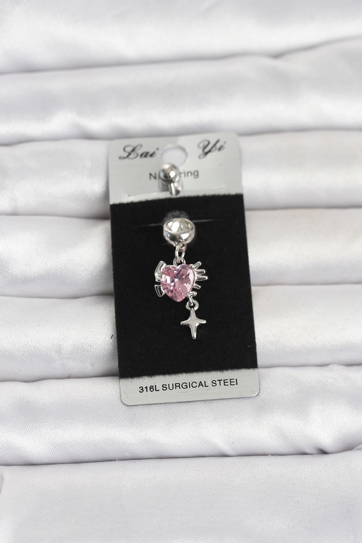 316L Cerrahi Çelik Pembe Zirkon Taşlı Model Göbek Piercing