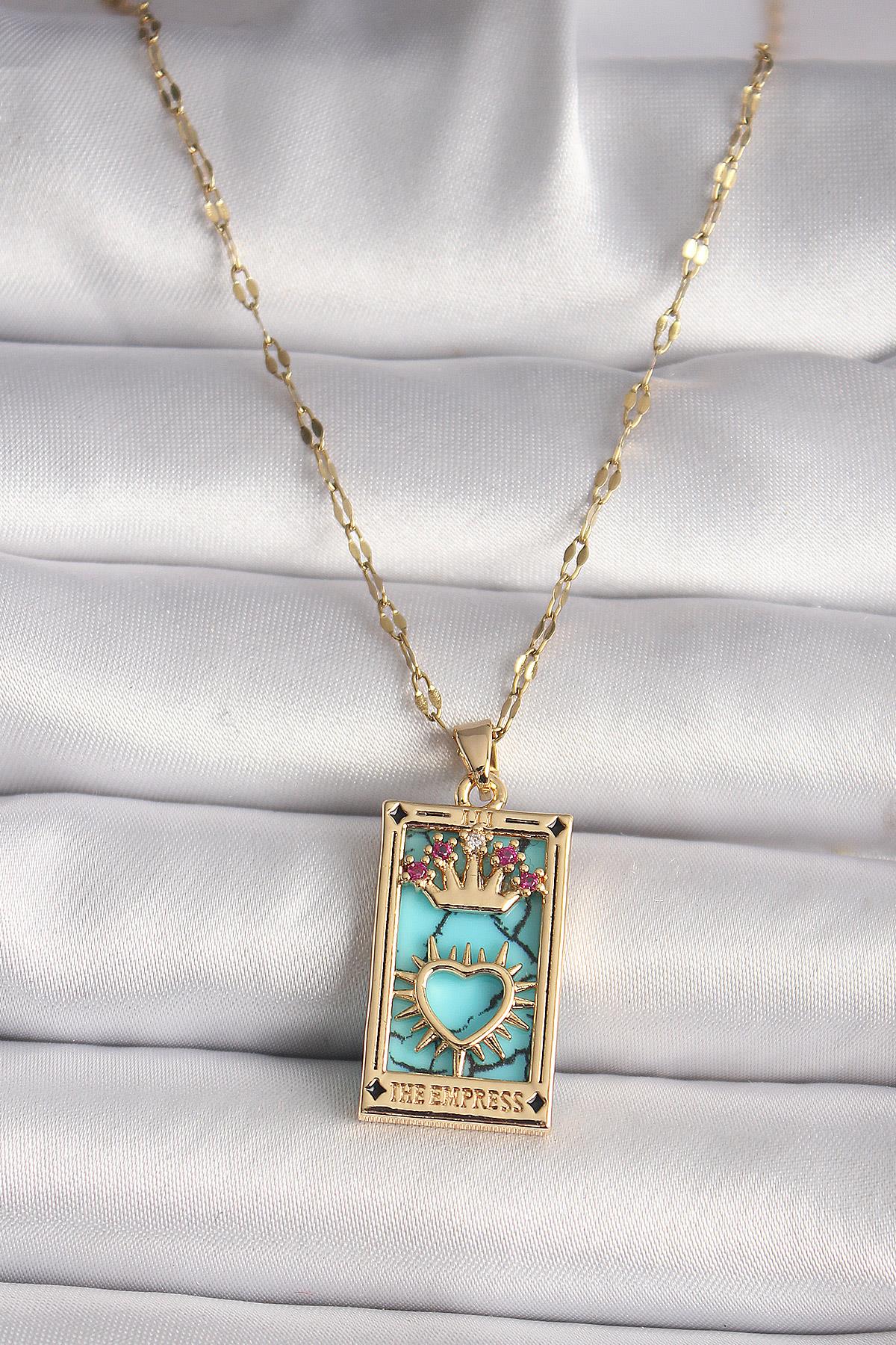 316L Gold Renk Pembe Zirkon Taşlı Taç Kalp Portre Model Kadın Kolye