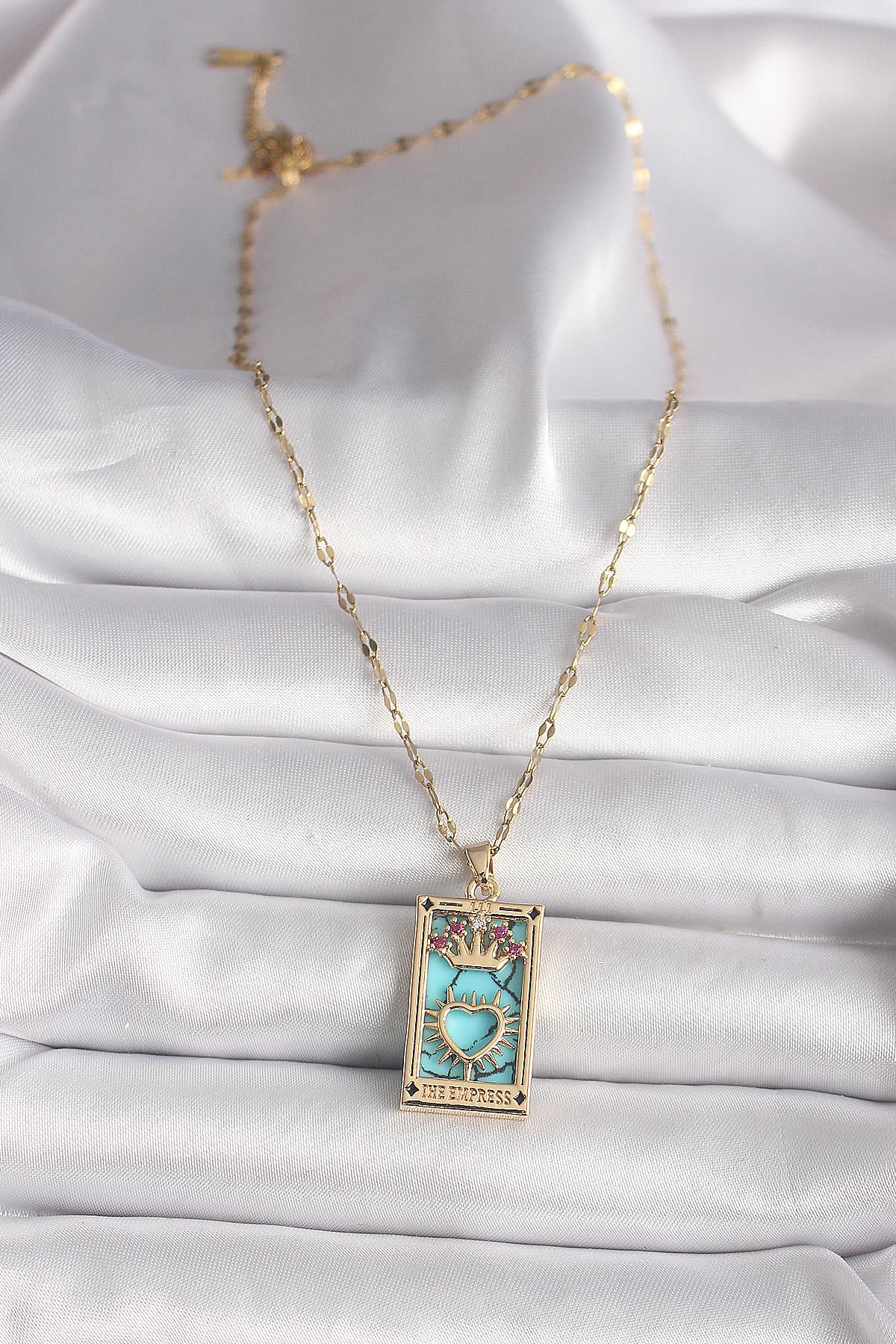 316L Gold Renk Pembe Zirkon Taşlı Taç Kalp Portre Model Kadın Kolye