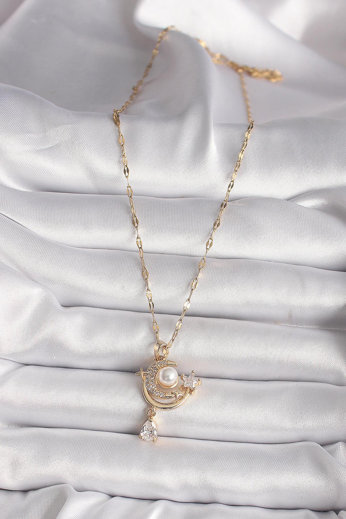 316L Gold Renk Zirkon Taşlı Ay Yıldız Model Sallantı Detay Kadın Kolye