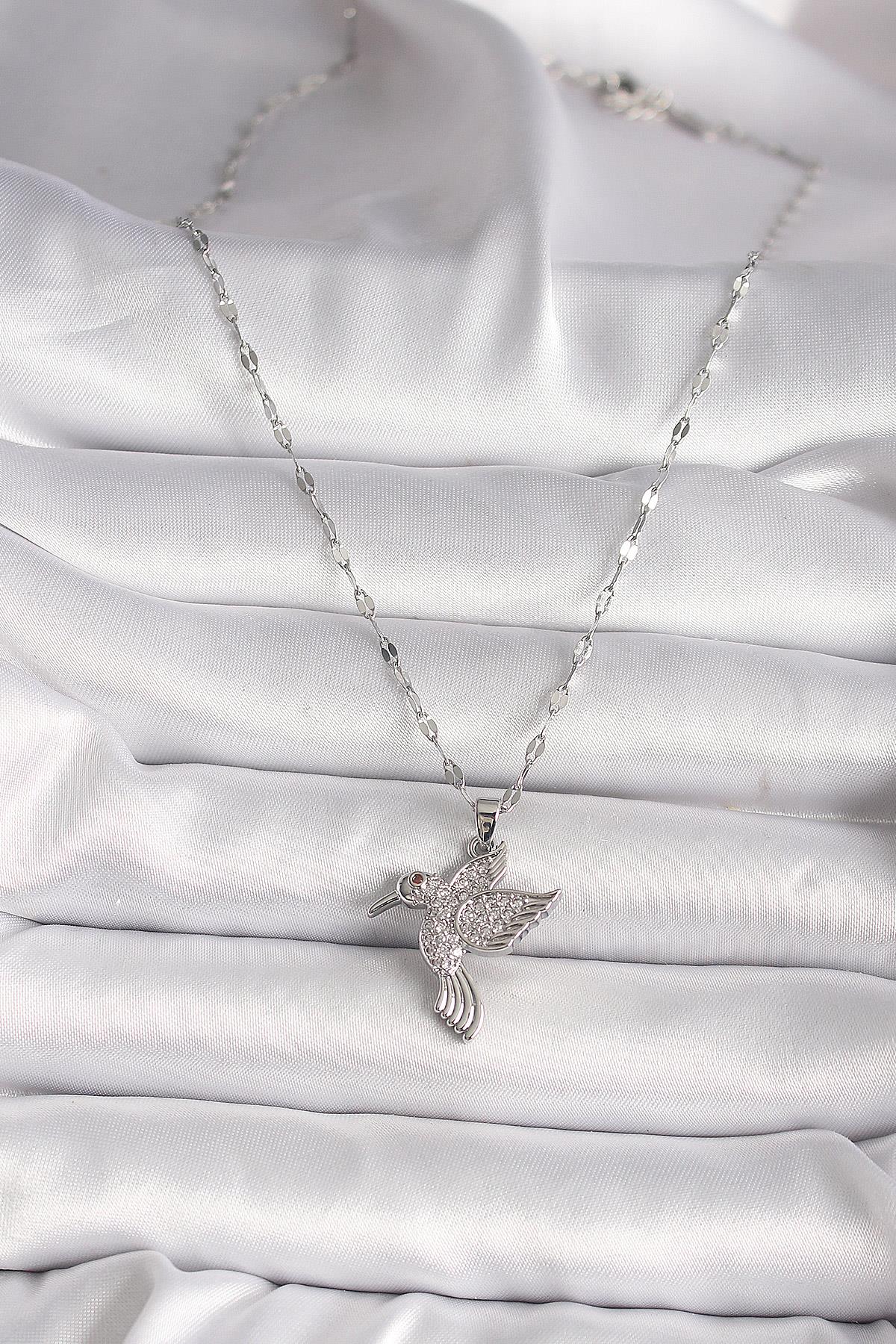 316L Gümüş Renk Zirkon Taşlı Sinek Kuşu Model Kadın Kolye