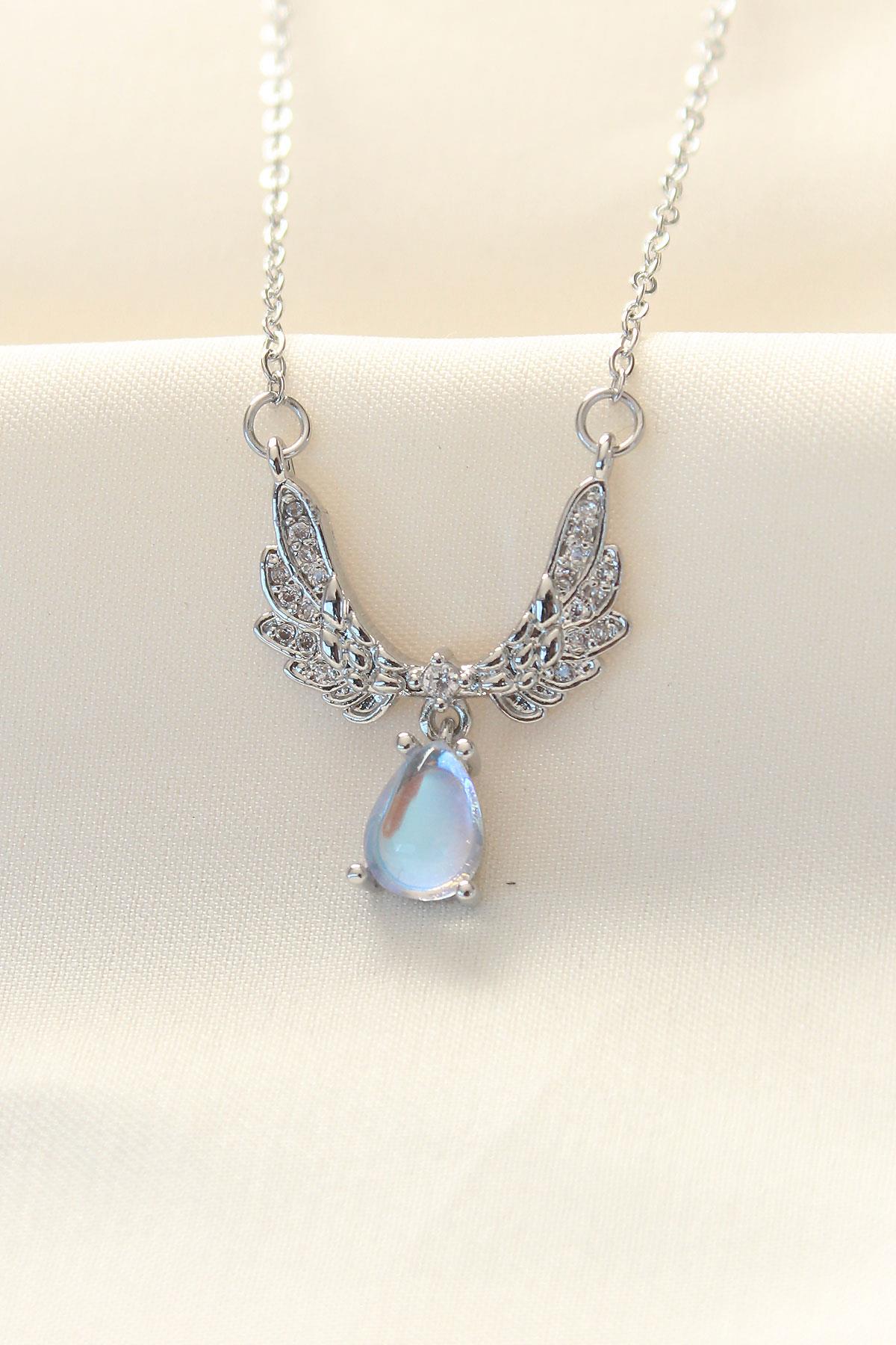 316L Zinciri Çelik Zirkon Taşlı Gümüş Renk Kanatlı Damla Kolye