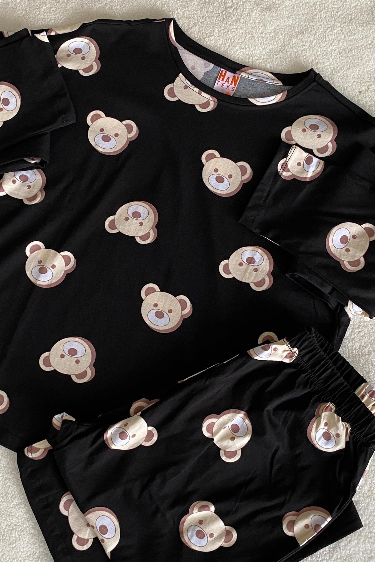 Ayıcık Desenli Uzun Kol Pijama Takımı Siyah - Marcoroni