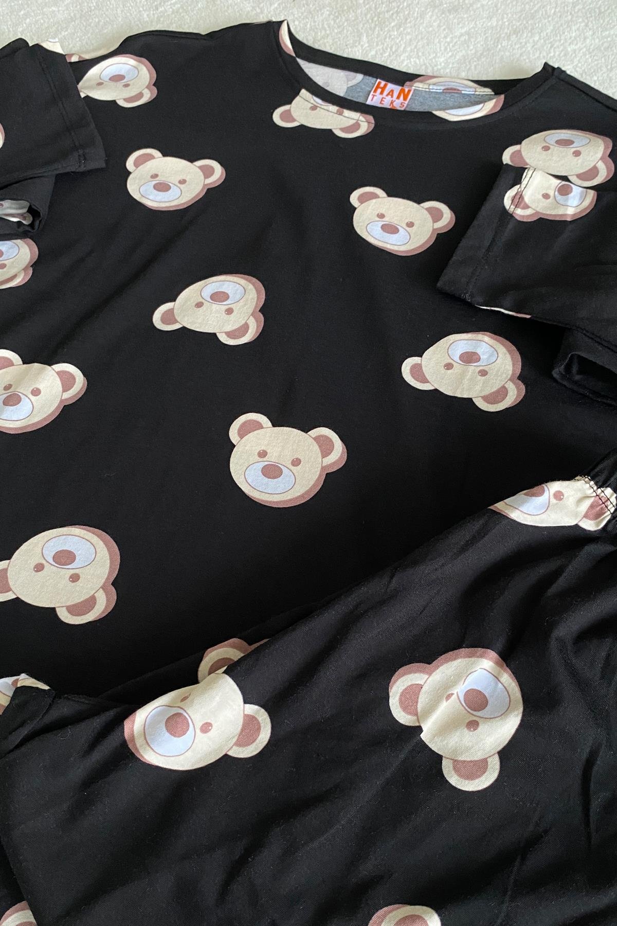 Ayıcık Desenli Uzun Kol Pijama Takımı Siyah - Marcoroni