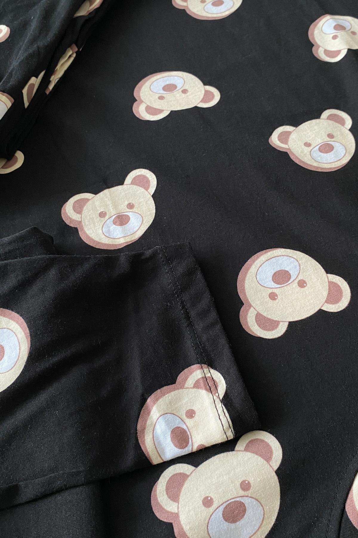 Ayıcık Desenli Uzun Kol Pijama Takımı Siyah - Marcoroni