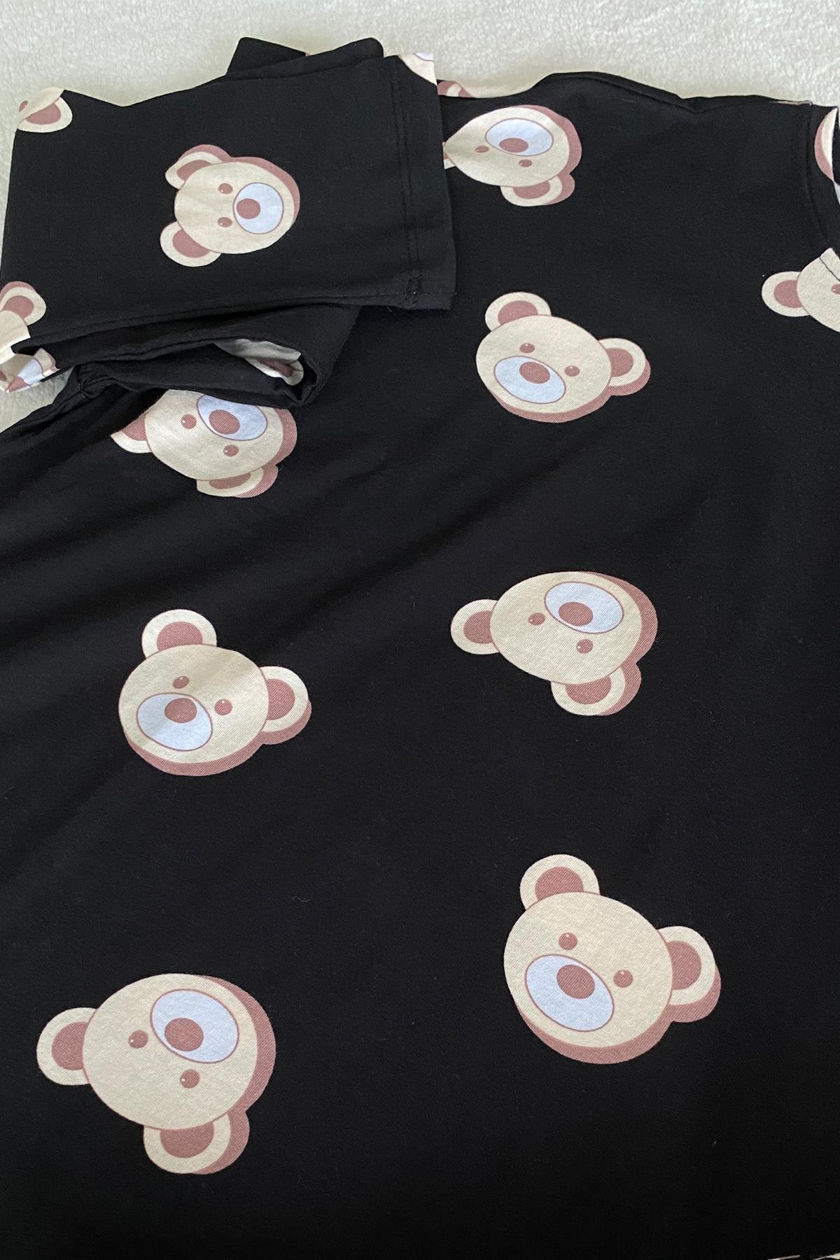 Ayıcık Desenli Uzun Kol Pijama Takımı Siyah - Marcoroni