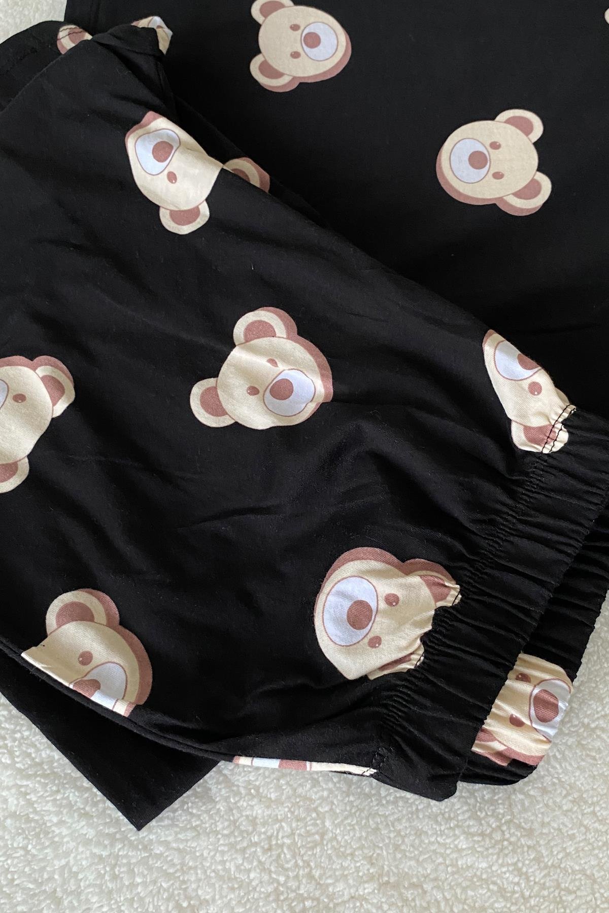 Ayıcık Desenli Uzun Kol Pijama Takımı Siyah - Marcoroni
