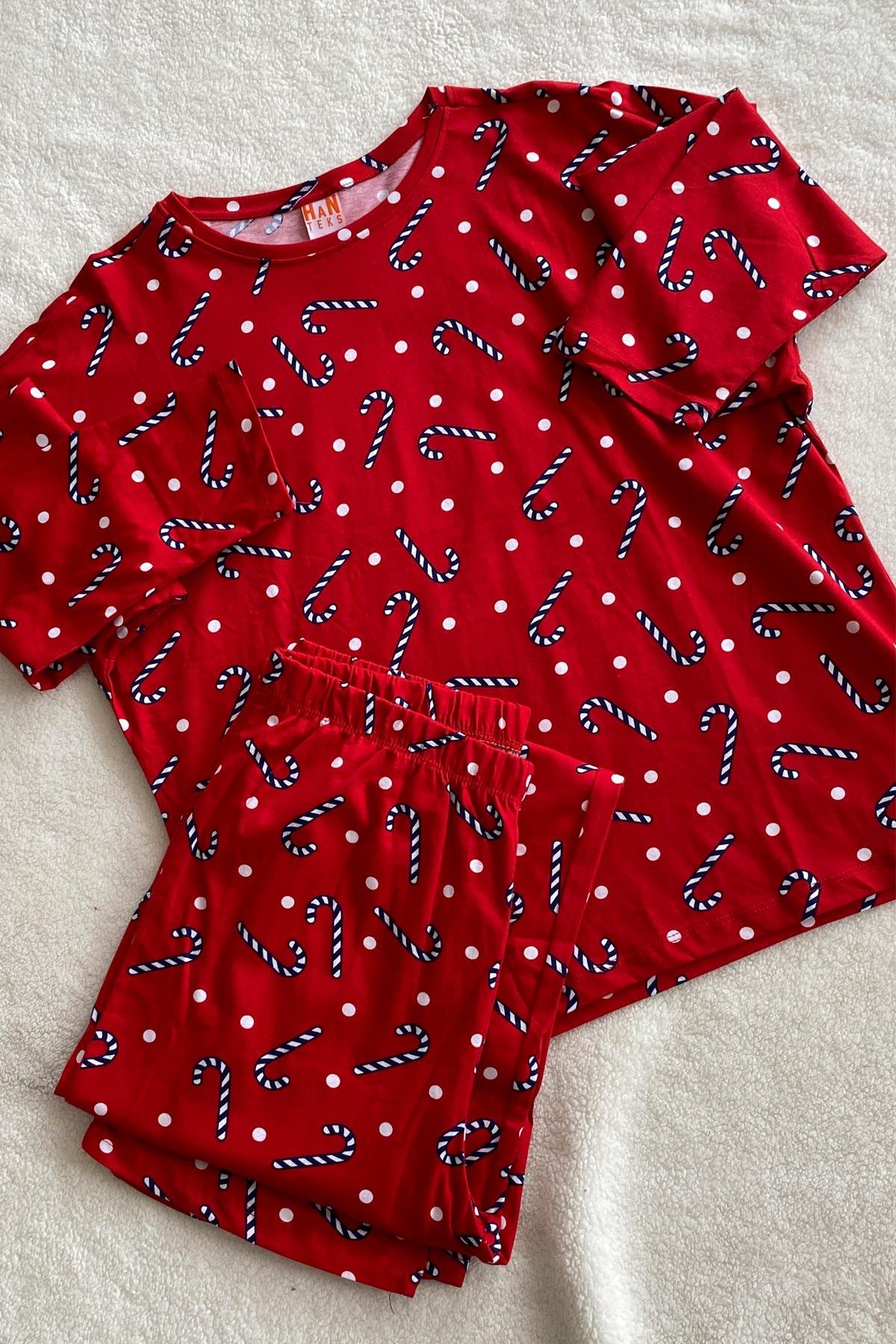 Baston Şeker Desenli Uzun Kollu Pijama Takımı Kırmızı - Marcoroni