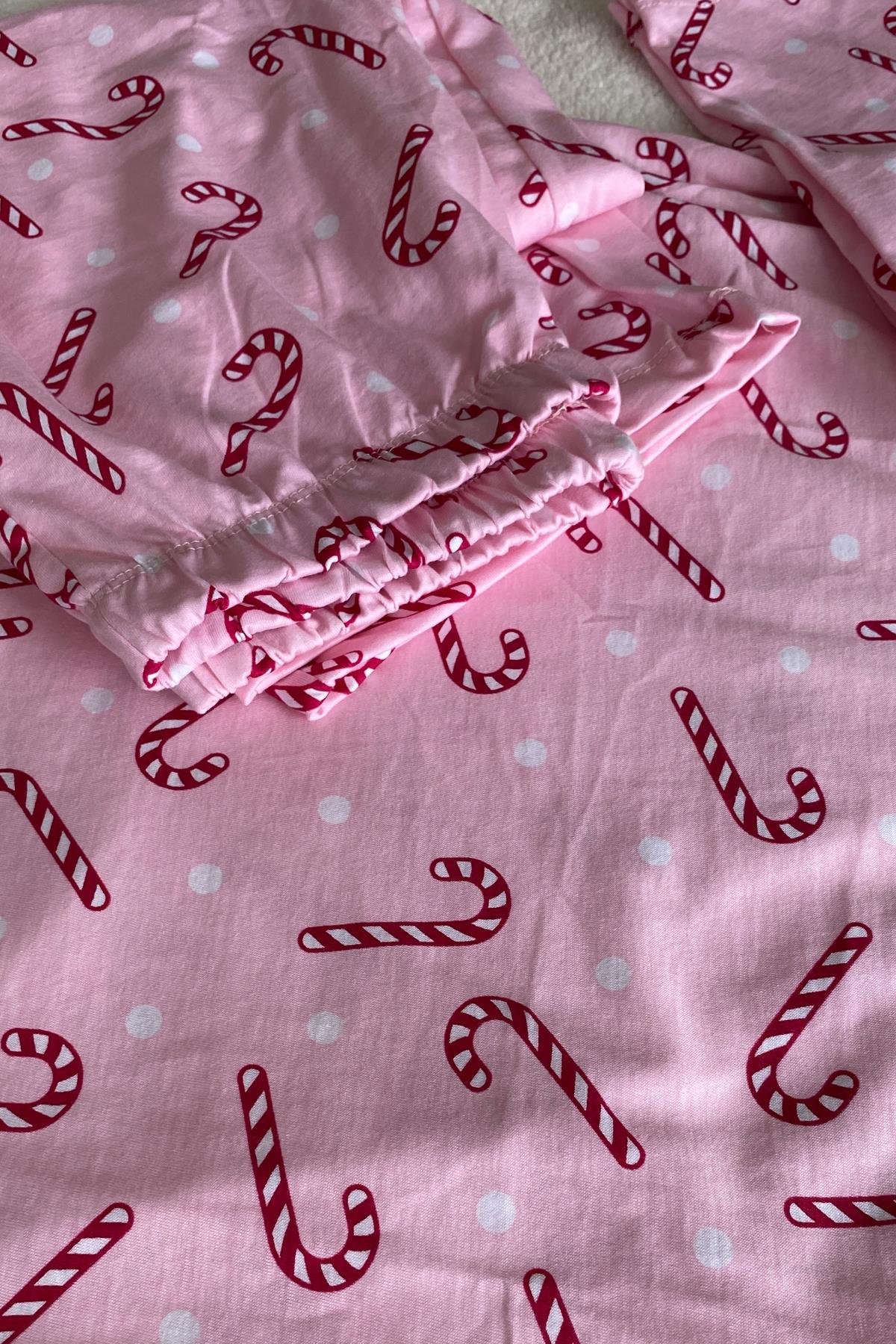 Baston Şeker Desenli Uzun Kollu Pijama Takımı Pembe - Marcoroni