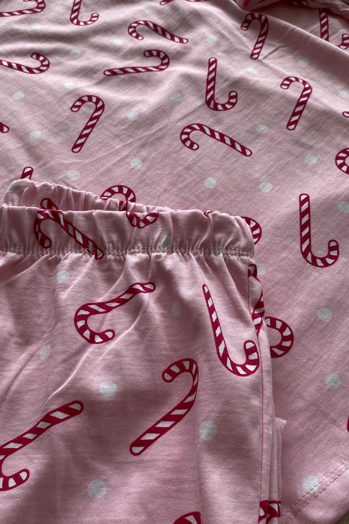 Baston Şeker Desenli Uzun Kollu Pijama Takımı Pembe - Marcoroni