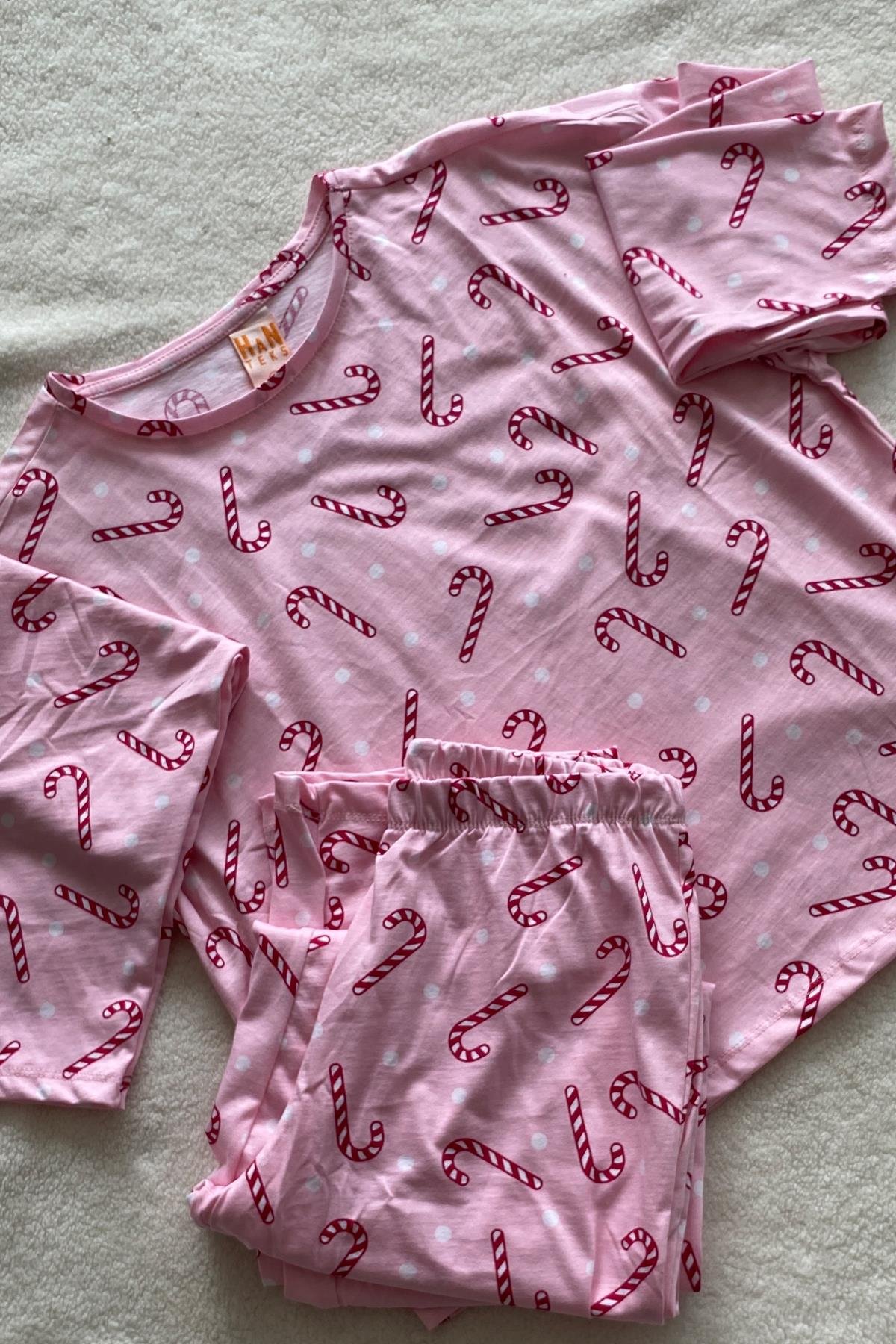 Baston Şeker Desenli Uzun Kollu Pijama Takımı Pembe - Marcoroni