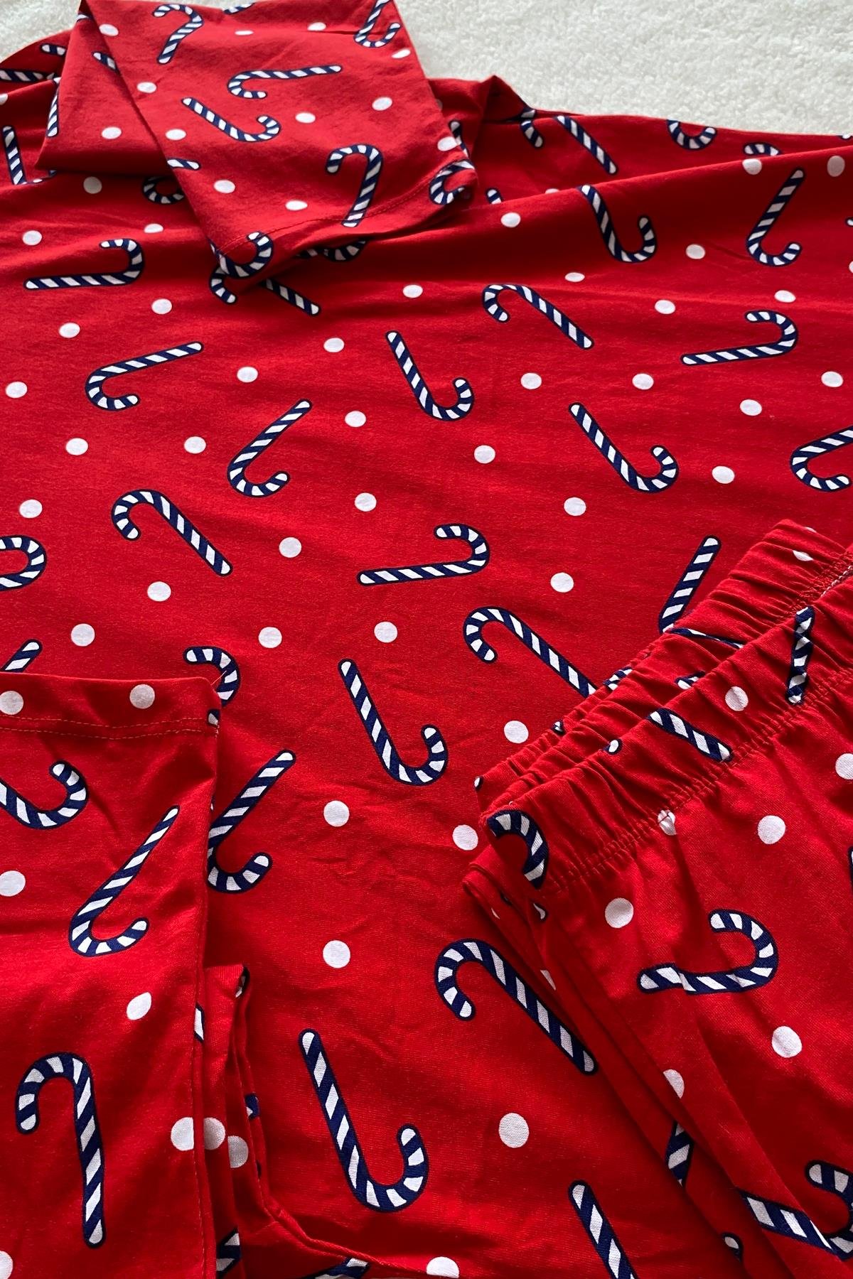 Baston Şeker Desenli Uzun Kollu Pijama Takımı Kırmızı - Marcoroni