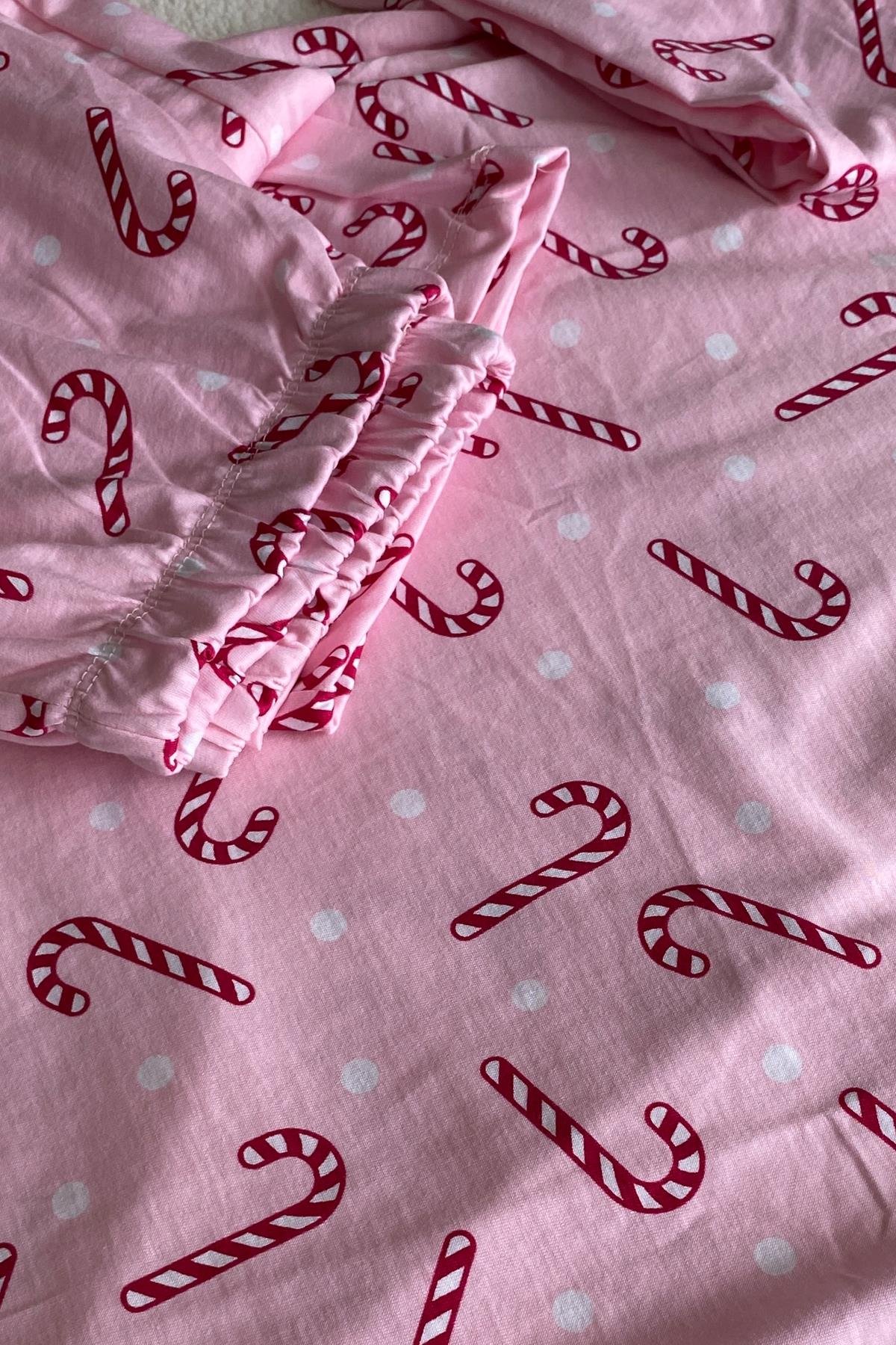 Baston Şeker Desenli Uzun Kollu Pijama Takımı Pembe - Marcoroni