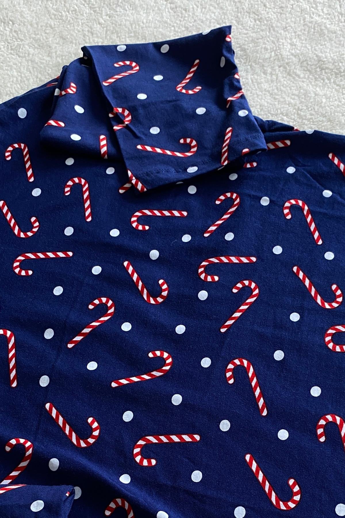 Baston Şeker Desenli Uzun Kollu Pijama Takımı Lacivert - Marcoroni