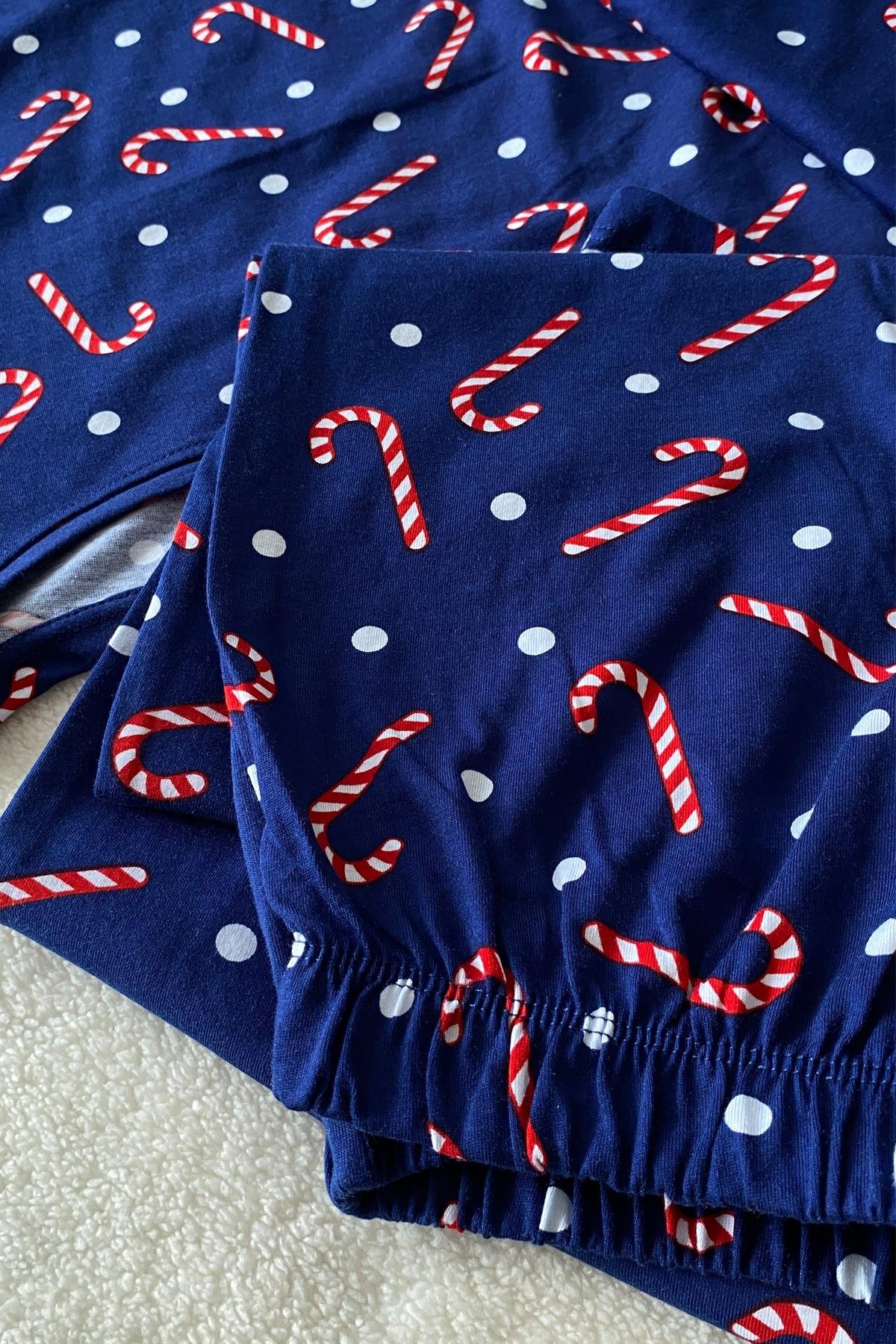 Baston Şeker Desenli Uzun Kollu Pijama Takımı Lacivert - Marcoroni